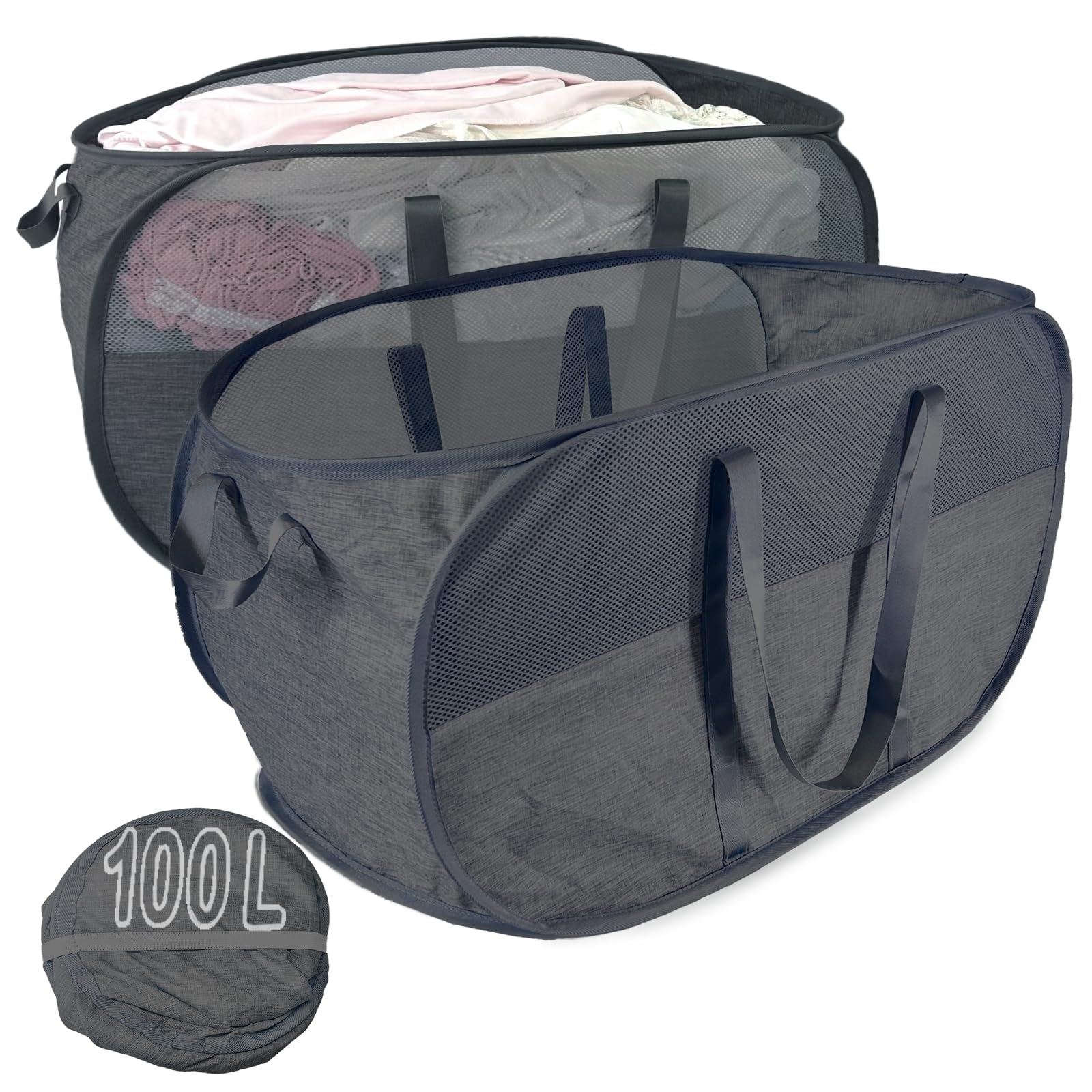 Extra Large Mesh Pop Up Laundry Hamper 2 Pack,100L Collapsible Laundry Baskets, Dirty Clothes Hamper with Reinforced Handles, Folding Hampers for Travel, Nursery, Dorm or Home. Black