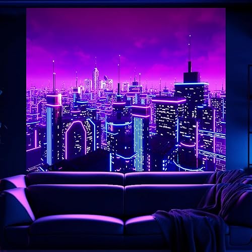 Miniatura 6 de Atrippy Tapiz punk japonés de luz negra para dormitorio, decoración de habitación de anime con luz negra, tapices de pared de ciudad futurista