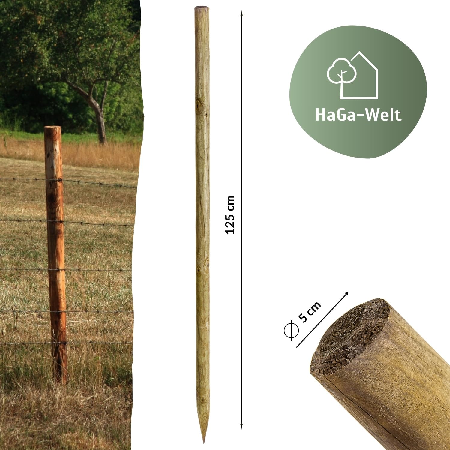 HaGa® Estaca de madera (10 unidades, diámetro de 5 cm, 125 cm de altura, impregnada a presión (verde), resistente a la intemperie, perfecto para jardín, agricultura y proyectos exteriores