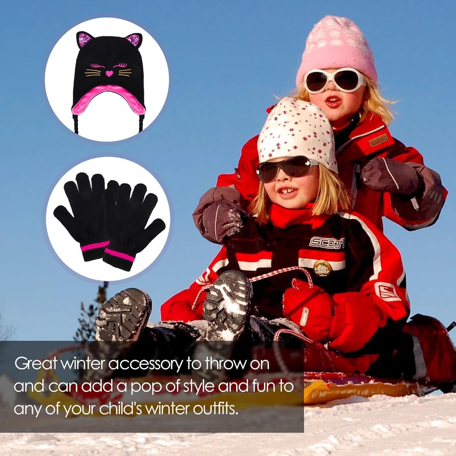 Kids Winter Cat Beanie Hat Gloves Set, Boys Girls Warm Fleece Lined Hat with Earflap Children Cute Cat Hat for 3-7T - Image 5
