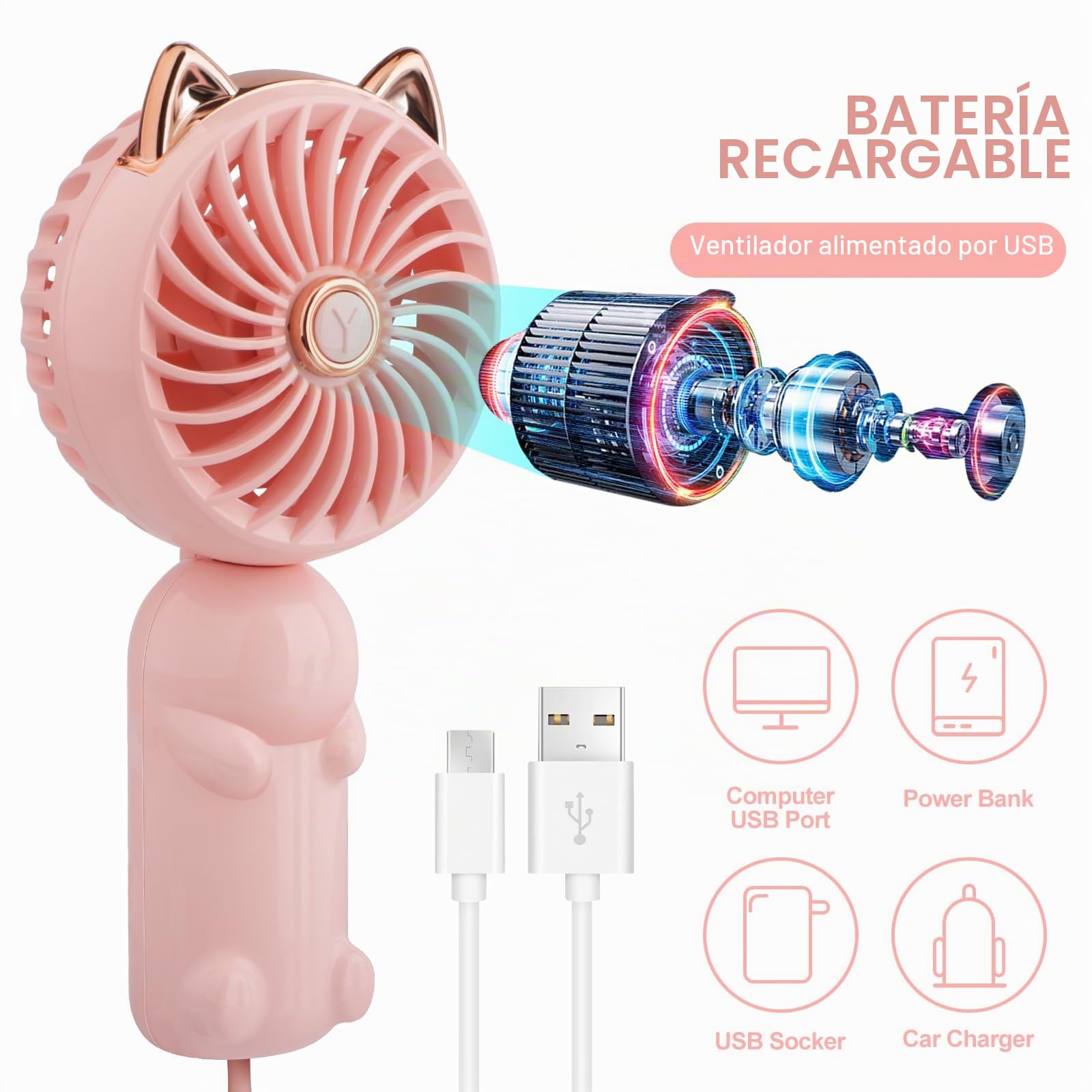 JYPS Ventilador Portátil de Mano, Mini Ventilador USB con Batería Recargable y 3 Velocidades, Lindo Ventilador Eléctrico Personal Pequeño Para Niñas/Mujeres/Niños Viajes al aire libre Plegable