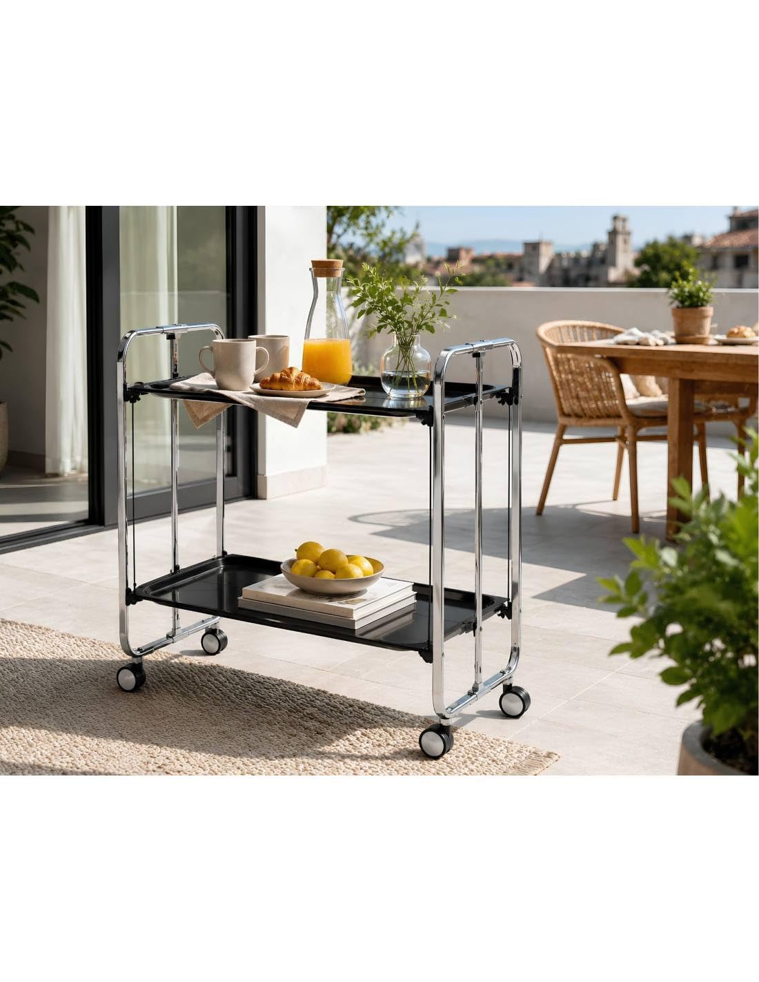 Mesa plegable con ruedas, chasis cromado.