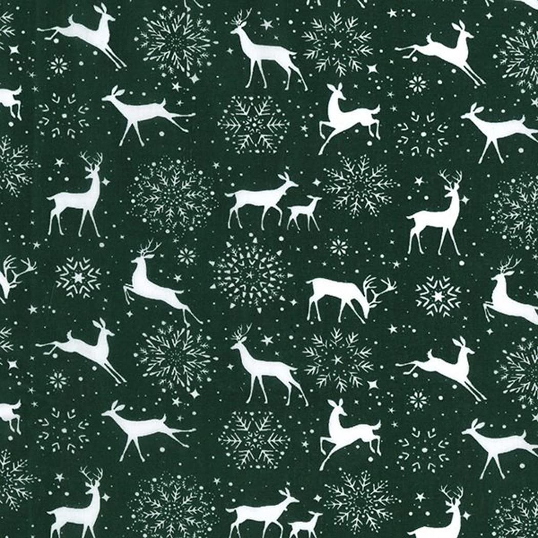Christmas Fabric - Reindeers & Snowflakes on Green - Polycotton Xmas Craft Fabric Material Metre