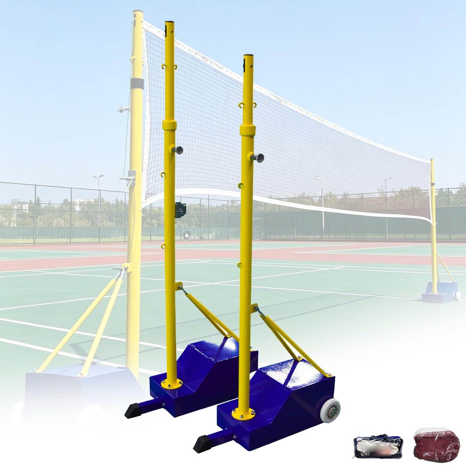 Volleyballpfosten Tragbarer Badminton Netzständer 155–210cm | Stahlrahmen, Geeignet für Sporthallen, Parks, Gärten und Schulen, Inklusive 7m Volleyballnetz und 6,1m Badmintonnetz