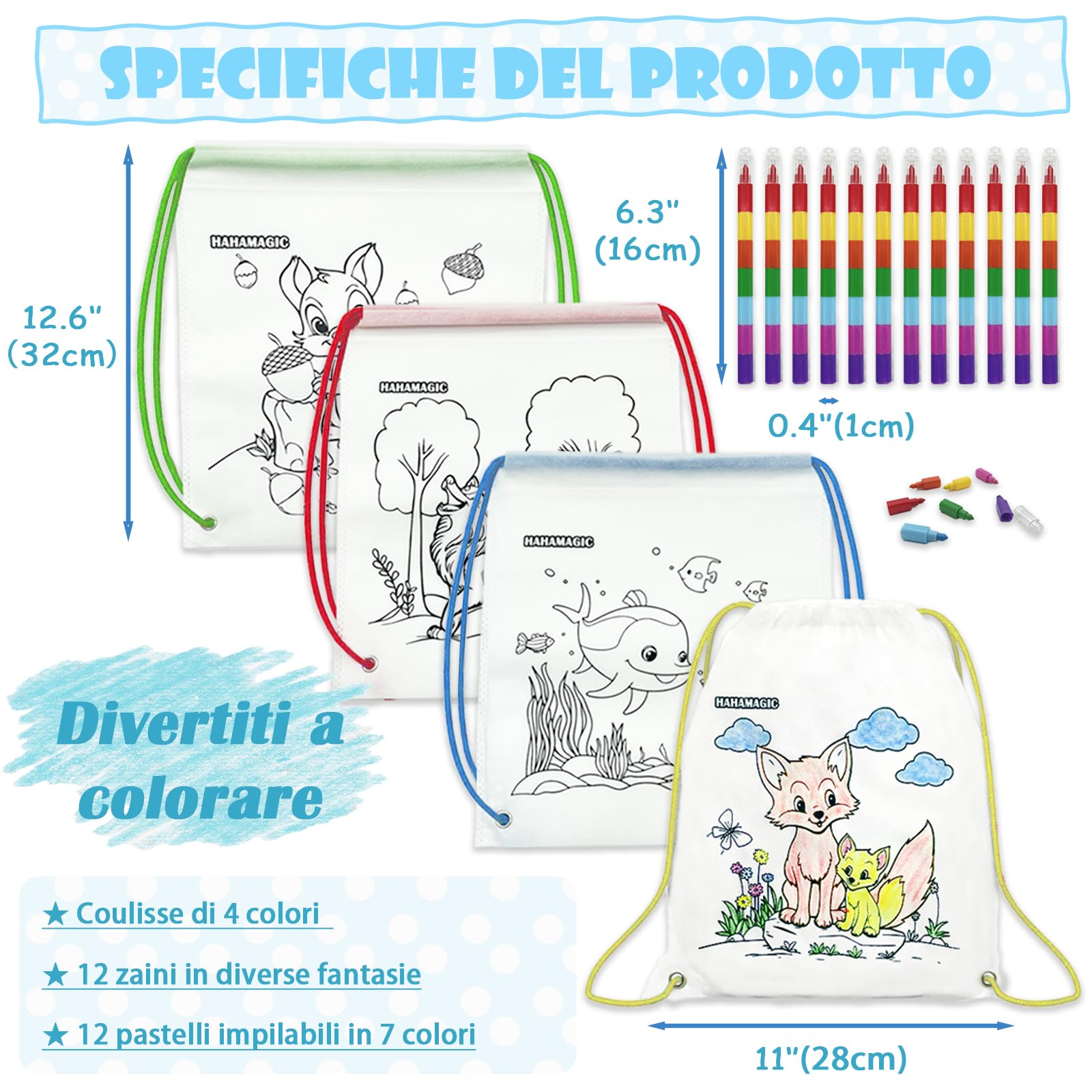 12 PCS zaini da colorare con 12 pastelli a cera impilabili (7 colori in uno), adatto come regalini fine festa compleanno bambini invitati, sacchetti e gadget compleanno bambini