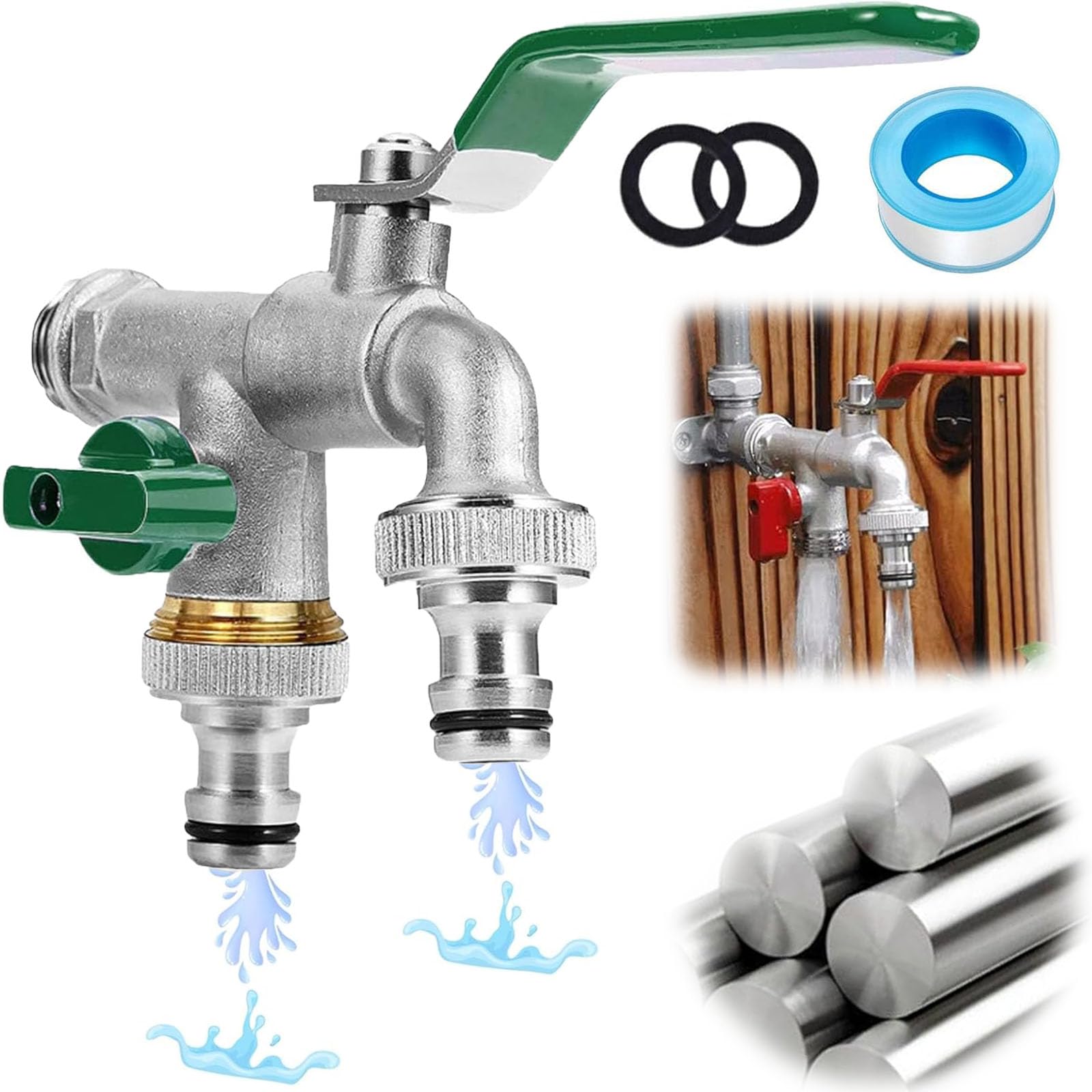 Universal Stainless Steel Double Outlet Garden Water Faucet, Doubles Outside Tap Kit, Outdoor Water Faucet Valve, Heavy-Duty Garden Hose Splitter for Lawn Irrigation (Green)