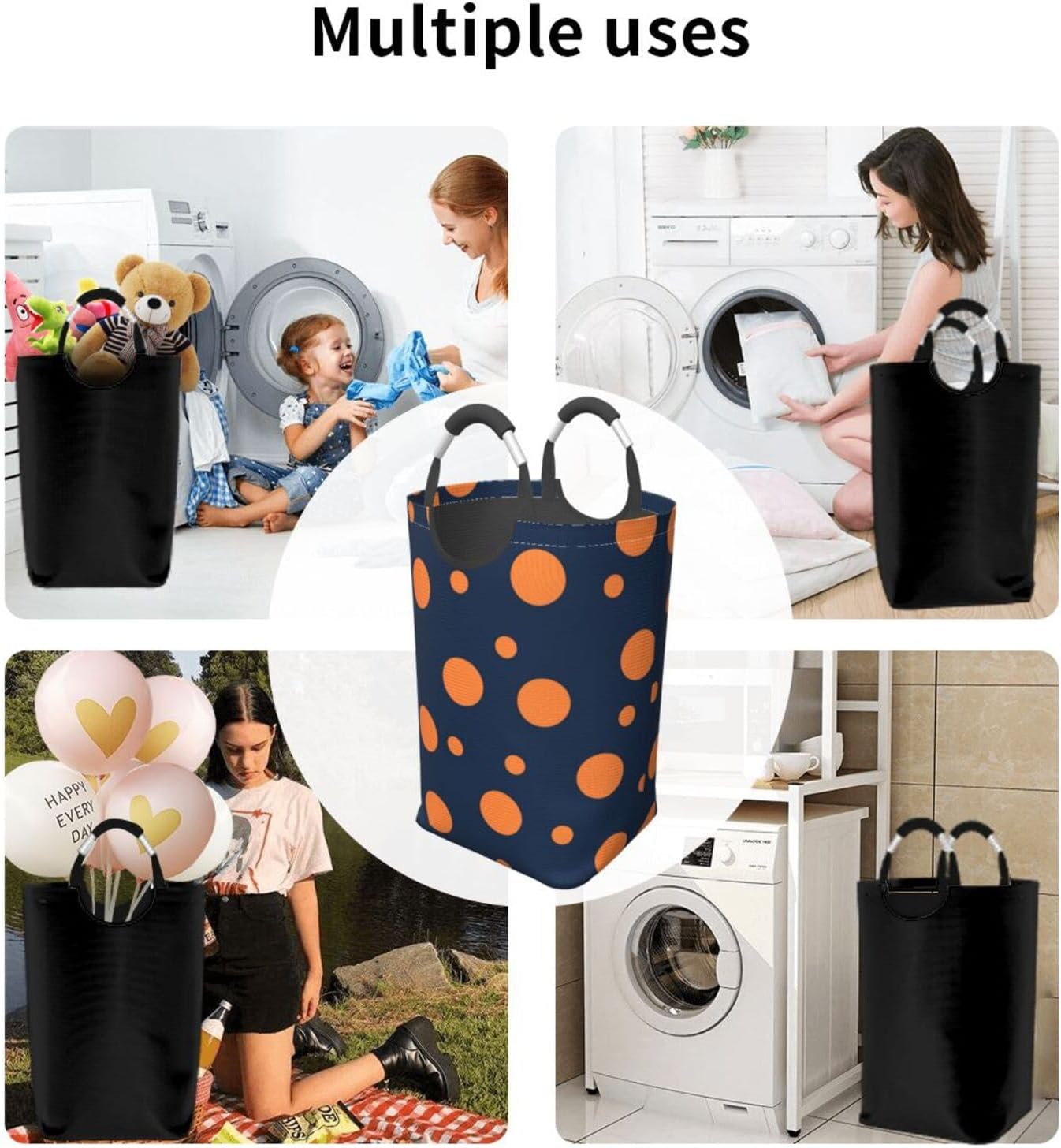 Large Laundry Basket, Navy Blue Orange Dots Abstract Laundry Hamper Bag Collapsible Washing Bin With Handles for College Dorm, Family Essentials Storage