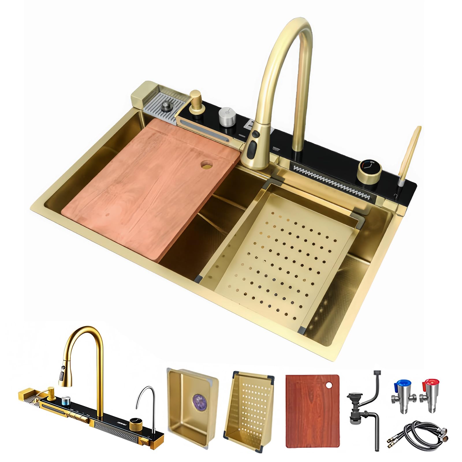 Évier de cuisine cascade 68cm en inox SUS304 avec robinet extractible multifonction et affichage