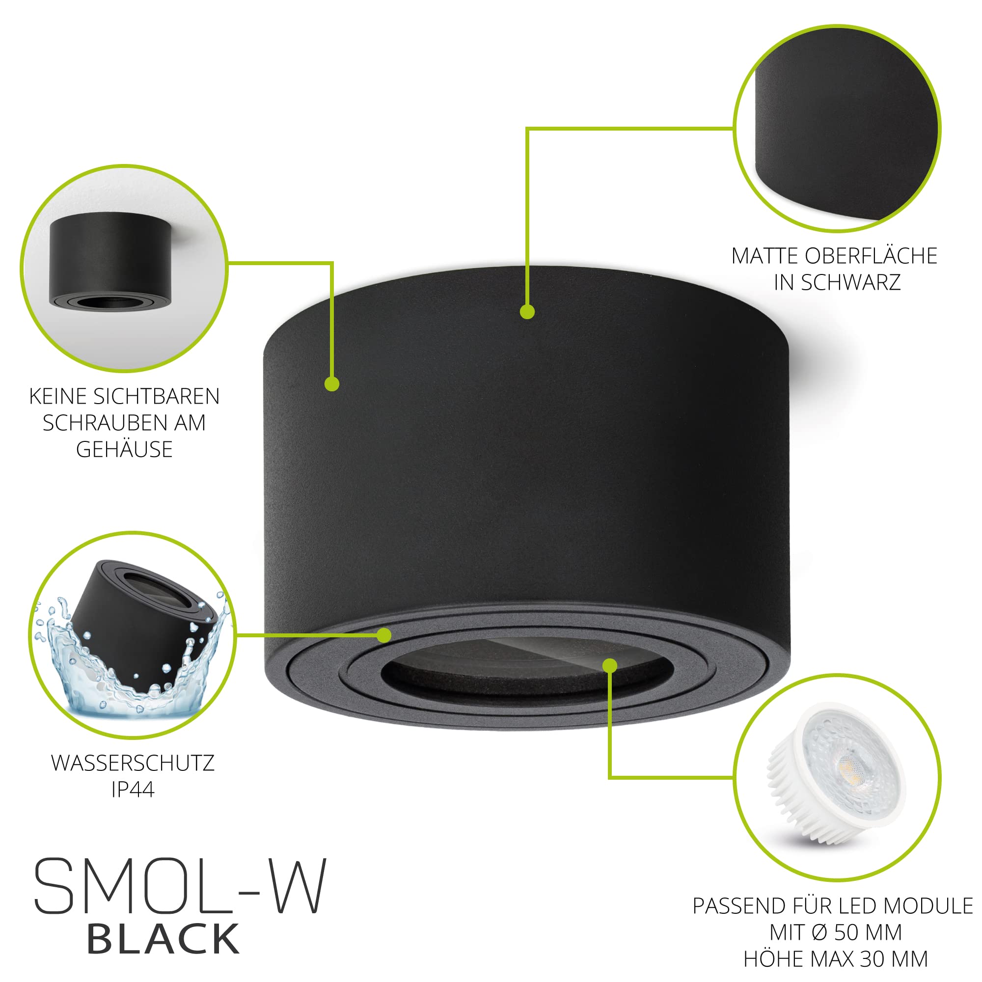 SSC-LUXon SMOL Aufbauspot 6er Set schwarz rund IP44 GU10 2W warmweiß Ø80mm | Sechs Deckenspots IP44 schwarz - warmweiß, für Bad, Küche & Flur, innen & außen, spritzwassergeschützt, inkl. GU10 LED