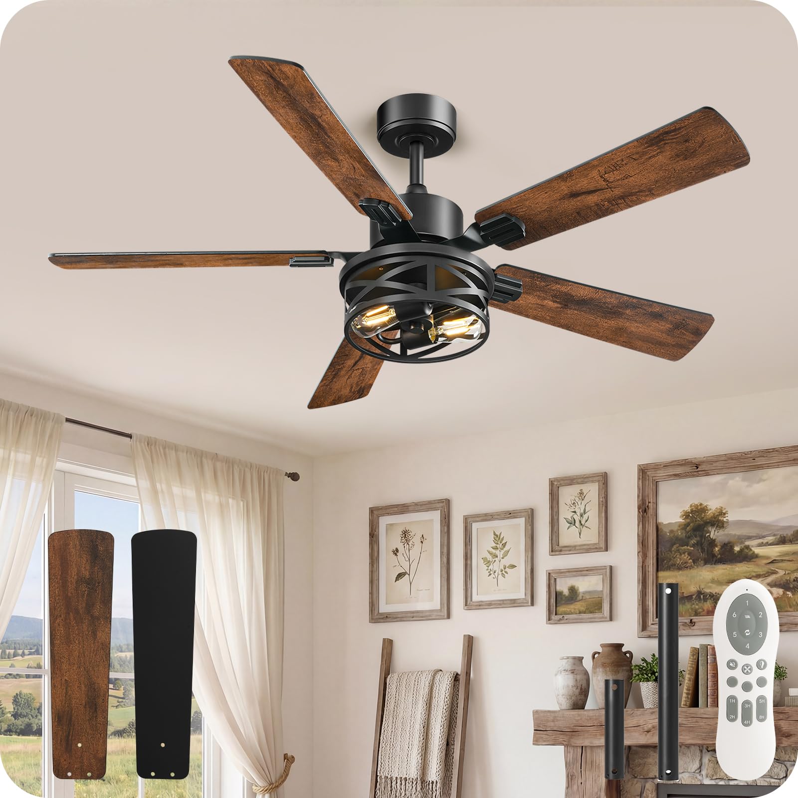 42 Inch Farmhouse Ceiling Fan with Lights and Remote, Timer, Dual Finish 5 Blades (Walnut and Black), 6 Speeds, Reversible DC Motor, Rustic &amp; Industrial Caged Ceiling Fan for Bedroom FB01CF4205
