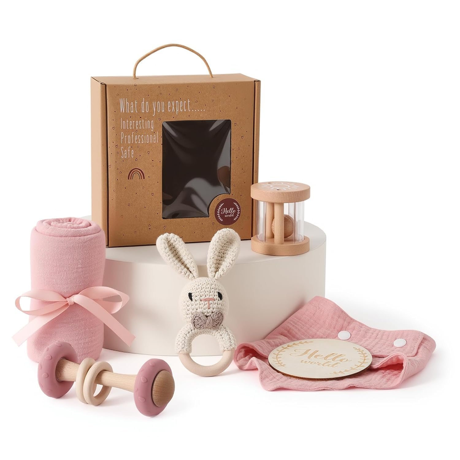 Neugeborenen Geschenk, 6-Teilig Baby Geschenkset Mädchen Junge - Badetücher, Lätzchen, Holzspielzeug, Gehäkelte Hasenrassel und Meilensteinkarten, Geschenkverpackung (Rosa)