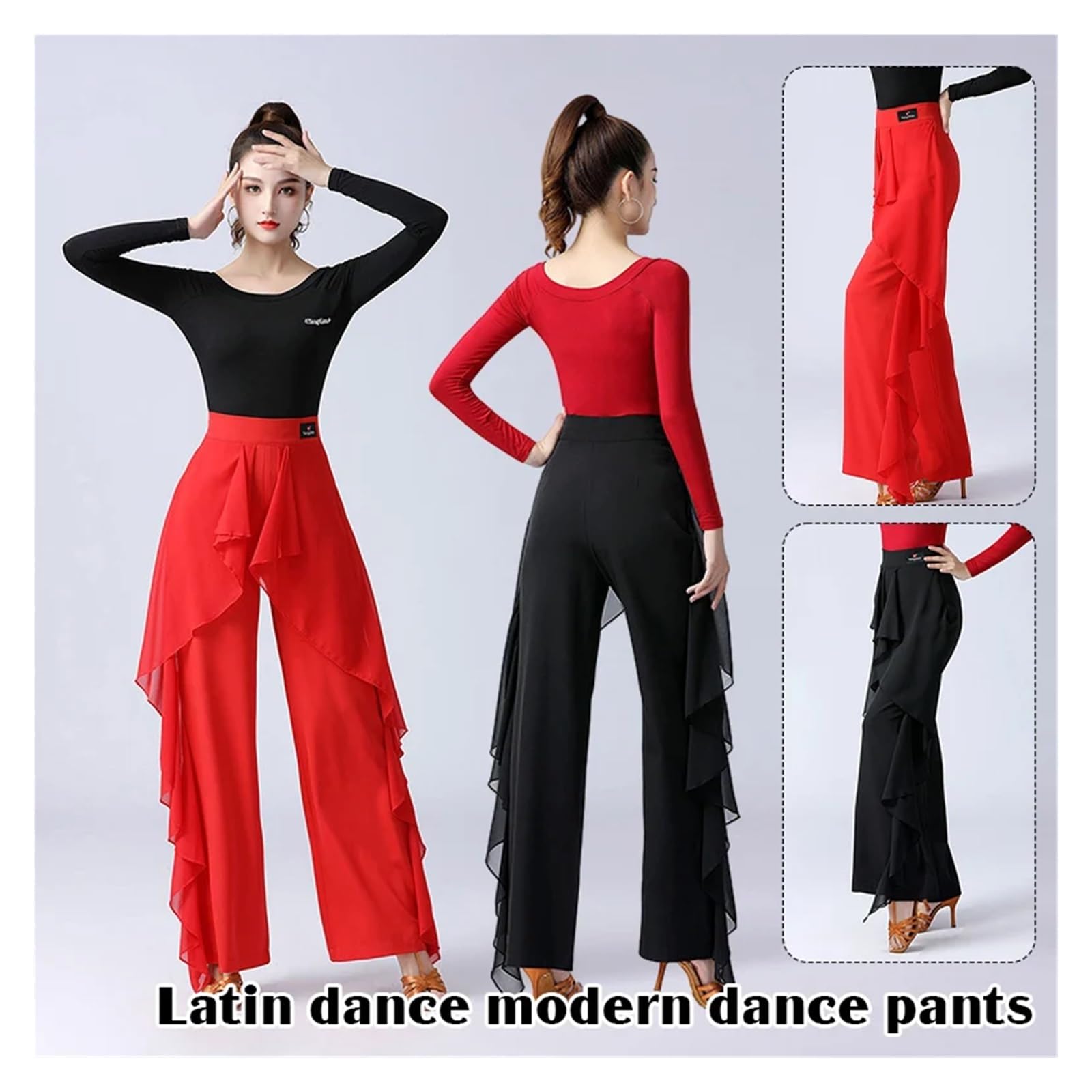 Pantalone Donna Elegante Pantaloni da Ballo Latino for Donna, Moderno, a Vita Alta, con Volant, Sala, Tango, for esibizioni e Prove