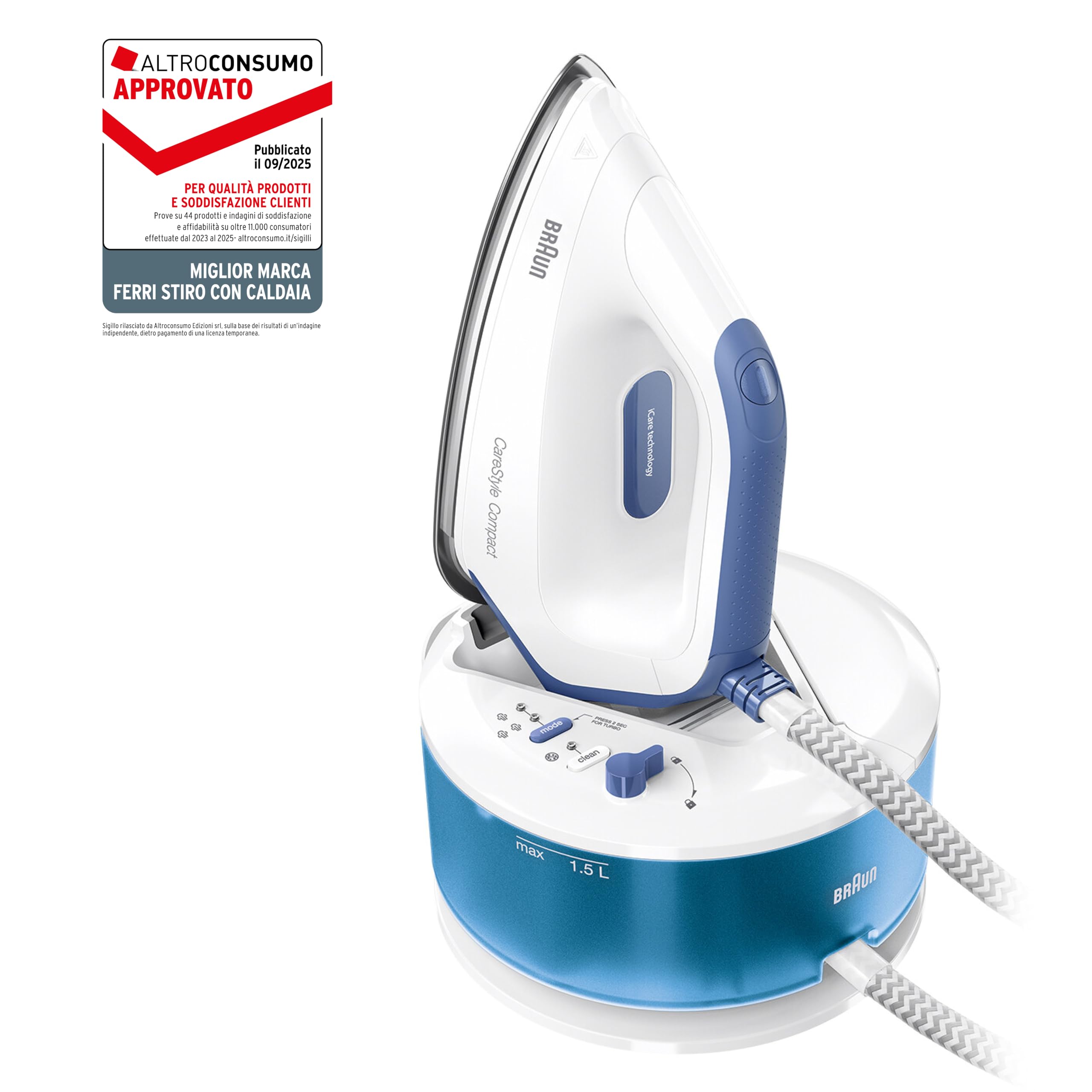 Braun IS2143BL CareStyle Compact Ferro da Stiro con Caldaia, 5 ANNI DI ASSISTENZA, Piastra EloxalPlus, Facile decalcificazione, Colpo Vapore 420g/min, Serbatoio 1.5L, Risparmio energetico, Bianco/Blu