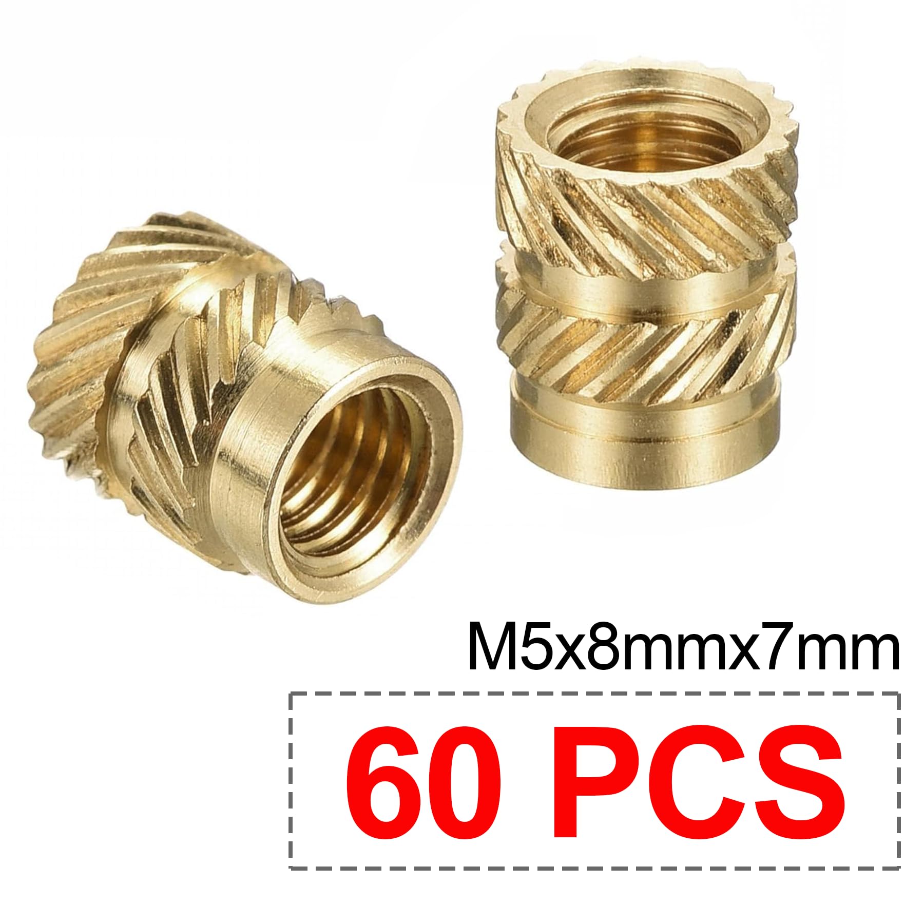 LEPEVNEY 60Pcs M5 Knurled Threaded Insert Nuts, 8mm Length, 7mm OD - Image 3