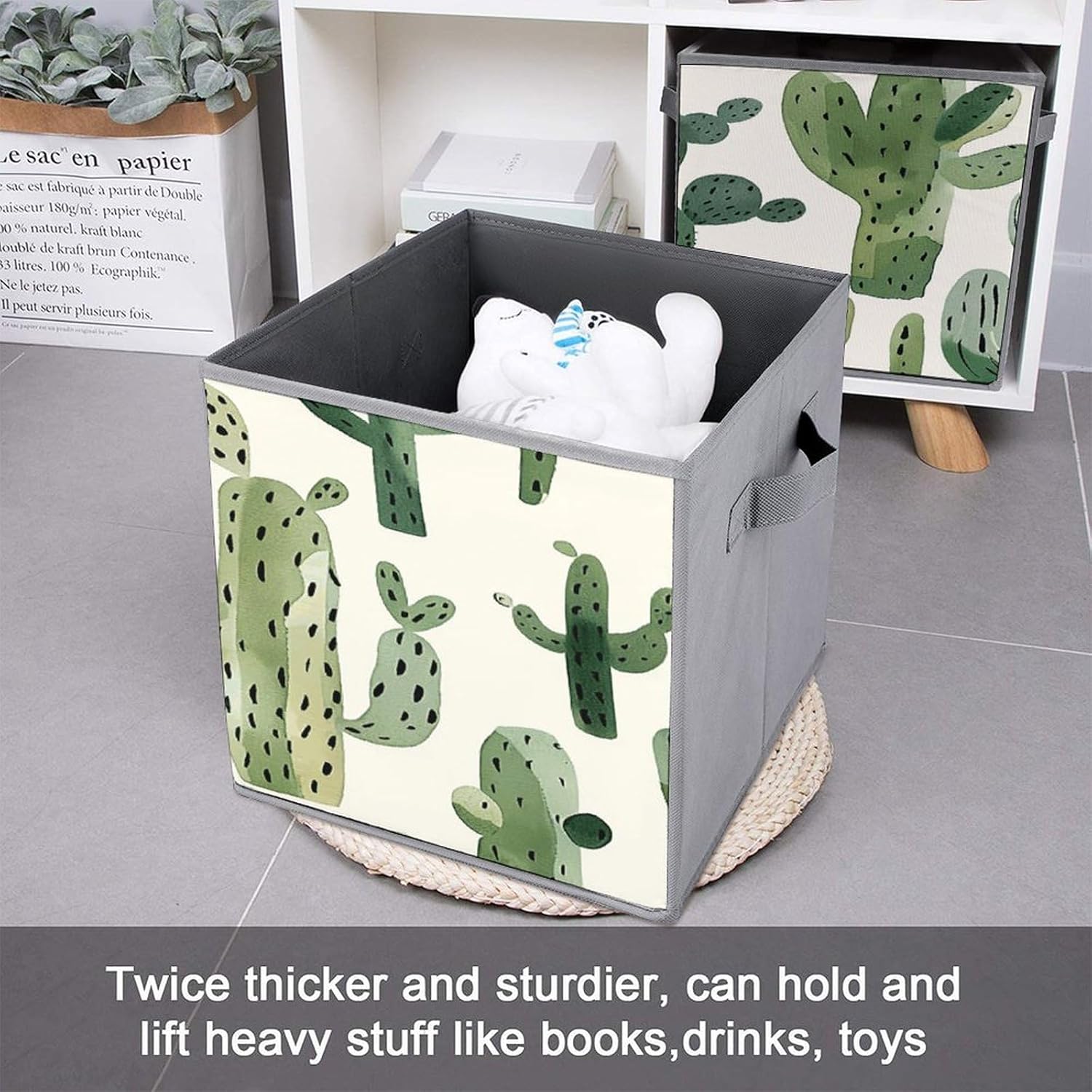 Multi Use Organizer Bins, Light Cactus Pattern Printed Storage Bins, Foldable Storage Baskets Are Suitable For Bedrooms, Offices, And Cars