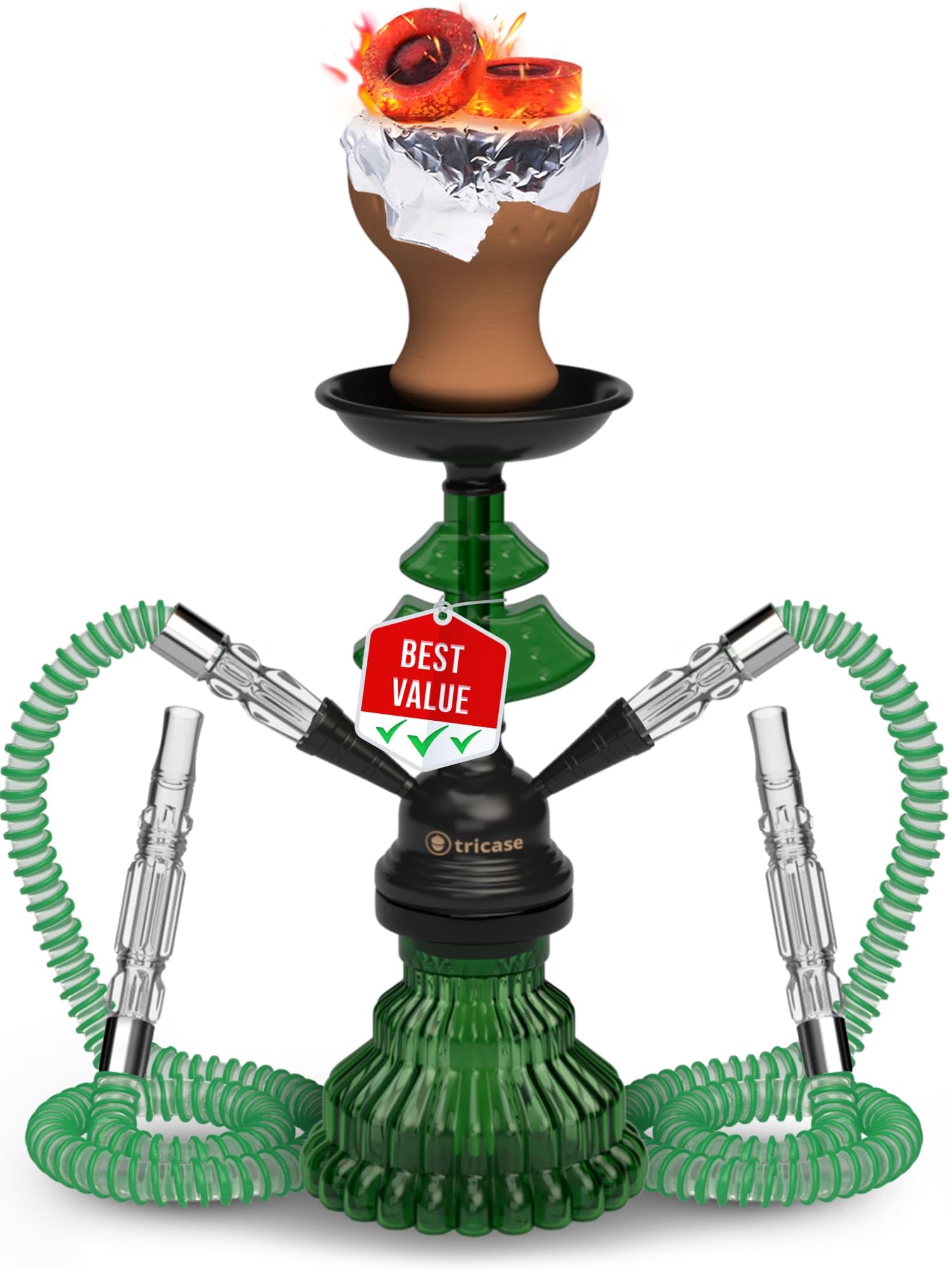 Green Hookah Set 2 Hose Hookah – LilOne 12” Green Mini Hookah Combo Kit Shisha Hookah Set with Prepunched Foil Hookas Bowl Disposable Tips Mouthpiece Tongs Portable Hookah Pipe - Hookah Machines