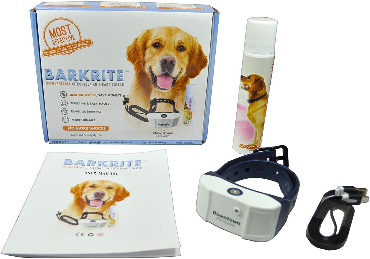 USB Rechargeable Citronella No Bark Collar, Humane No Shock, Water Resistant, No Jump, No Bark, Adjustable, Automated Gentle Spray, for - Small, Medium, and Large Dogs, by Barkrite