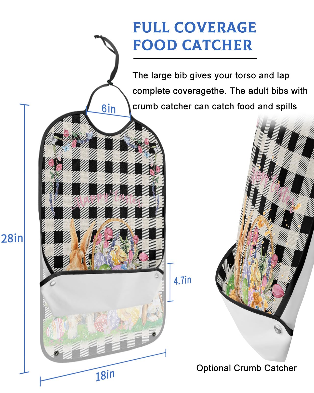 Spring Easter Adult Bibs for Eating, Waterproof Bibs with Food Catcher & Adjustable Snap Closure, Black Plaid Colorful Eggs Flower Easter Basket Bunny Clothing Protectors Adult Bibs for Elderly