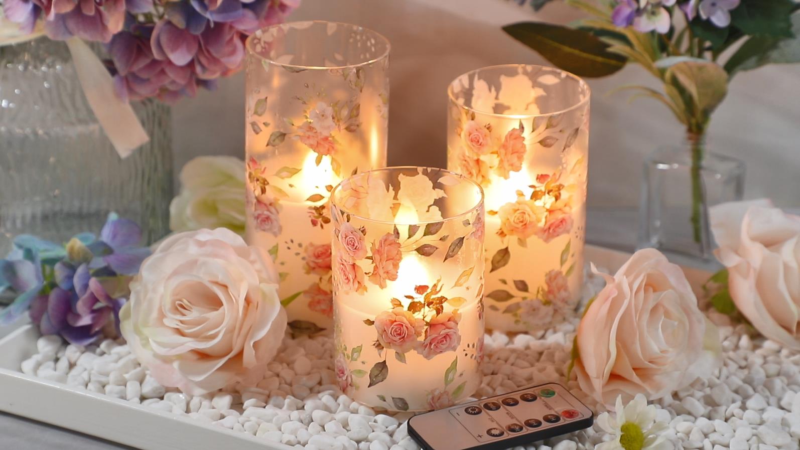 Image of Rose Flameless Candles with Remote Real Wax Blinks Glass Battery Operated Candles - Home Party Wedding Thanksgiving Christmas Summer Decor - Set of 3