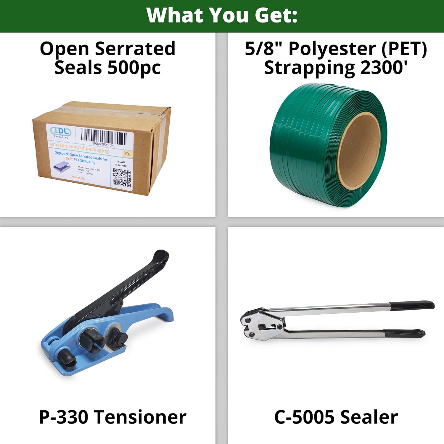 IDL Packaging Standard 5/8" x 2300' Polyester (PET) Strapping Kit, 1400 lbs Break Strength - Complete Packaging Strapping Solution - Enough Strapping and Seals for 500 Uses Before Refill