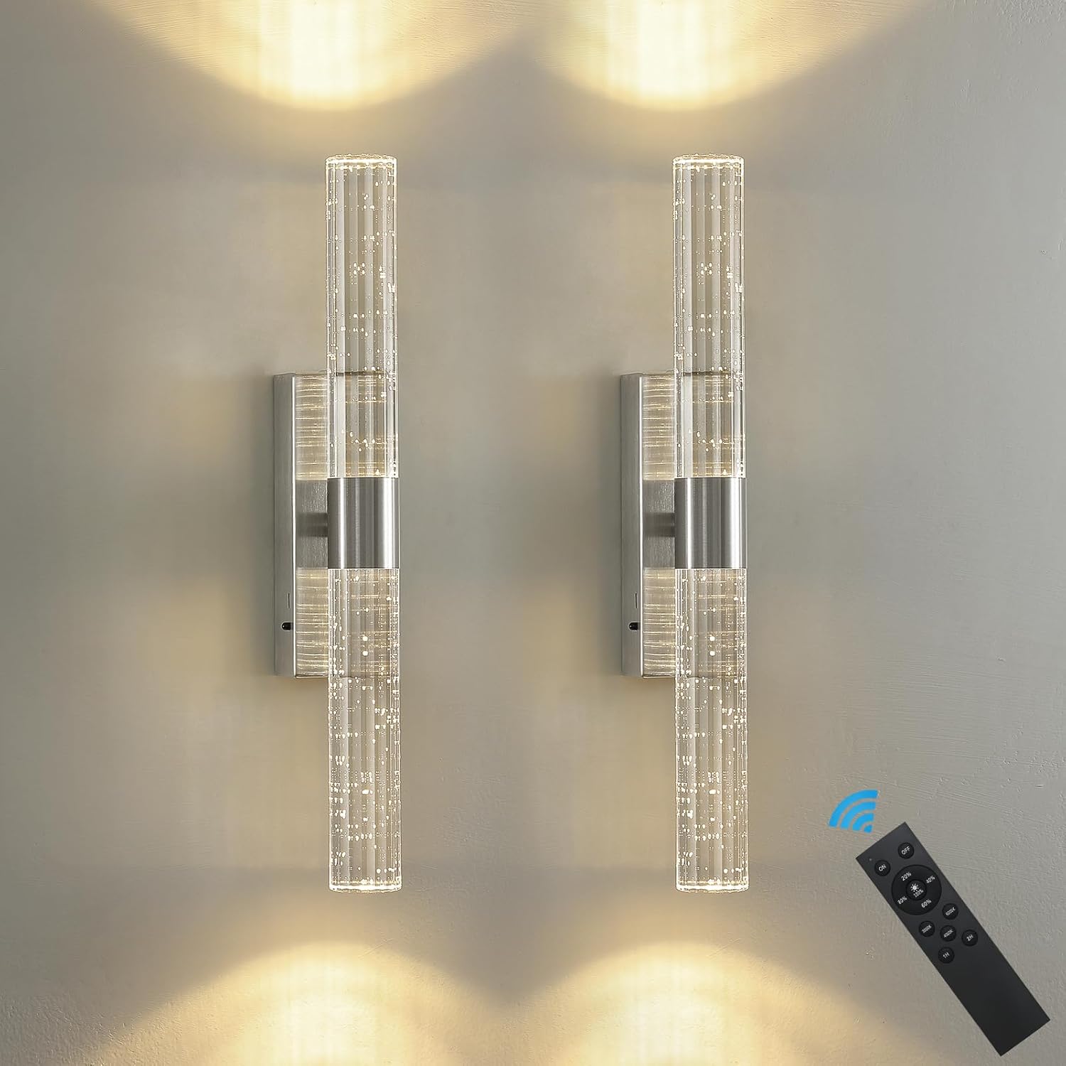 Battery Operated Wall Sconces Set of Two - Rechargeable Wireless Nickel Sconces with 12000mAh Remote Control Modern Crystal Wall Lights Cordless Wall Lamps for Bedroom Living Room Bathroom