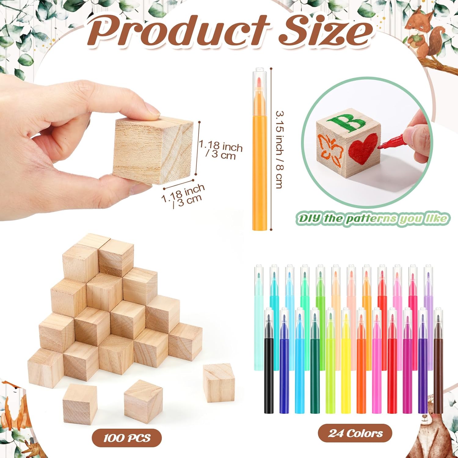 147 Pcs Baby Shower Blocks Games Sets, 80 DIY Blank Wooden Block 42 Stencils 24 Watercolor Marker 1 Decorate a Block Game Sign for Gender Reveal Baby Shower Party Supplies(Forest Animal)