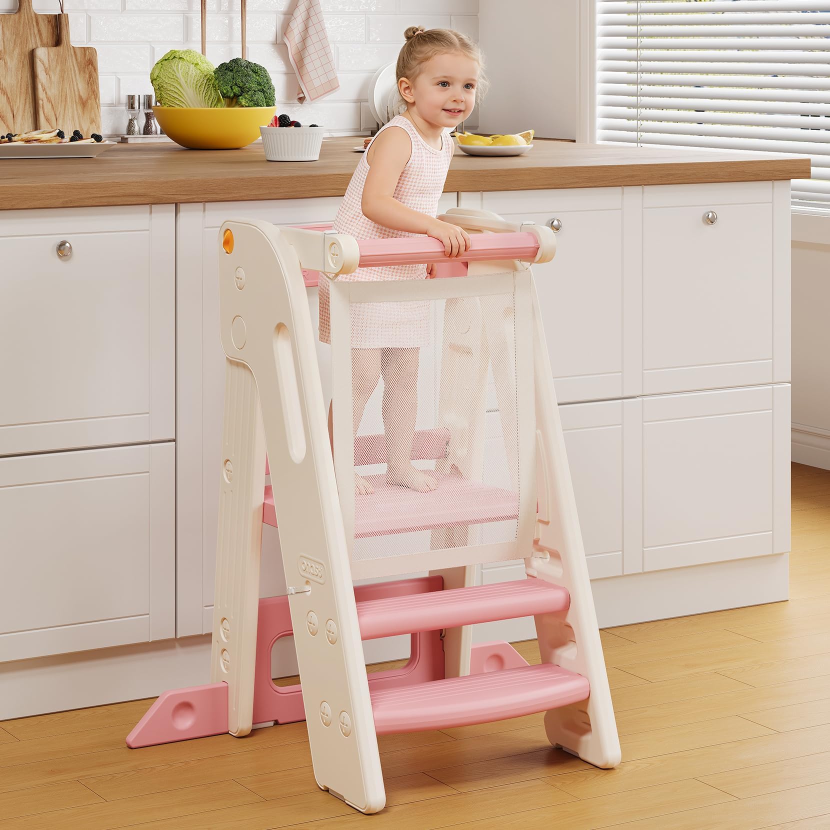 Folding Toddler Kitchen Tower, Kids Kitchen Step Stool for Learning with Movable Safety Rail, Non-Slip Surface, Easy Assembly for Parents & Grandparents-Pink