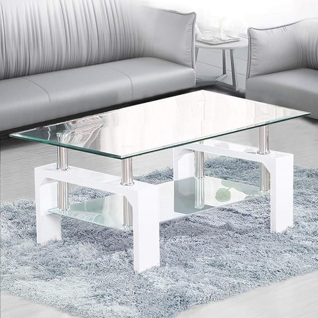 TUKAILAi Rectangle Clear Glass Coffee Table Modern Side Table with Lower Shelf Chrome and MDF Support Living Room Guest Reception Room Table White