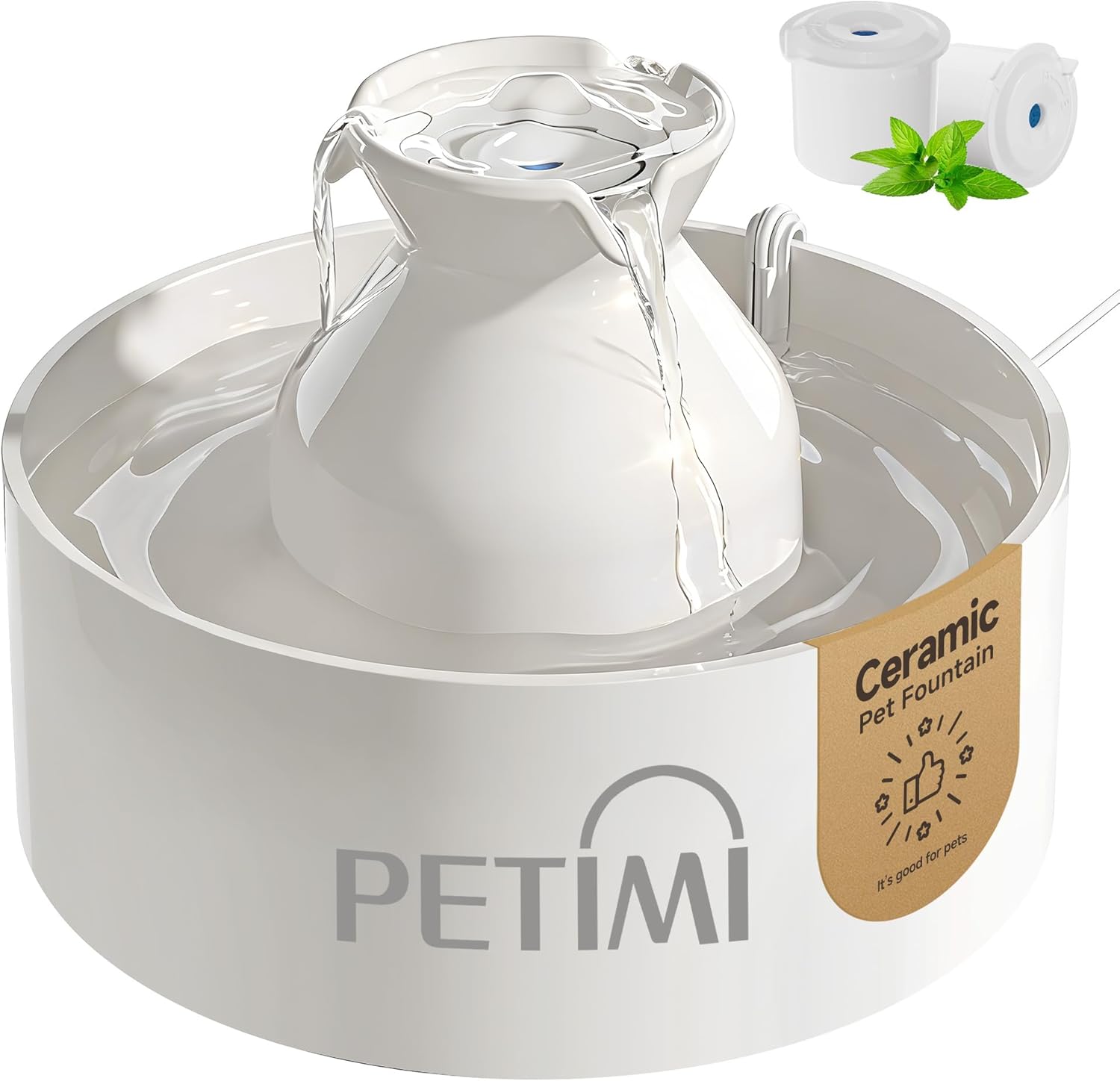 Ceramic Cat Water Fountain, 3L/101 fl oz Ultra-Quiet Pet Water Fountain, Automatic Water Dispenser for Cats & Small Dogs, No Spill Cat Water Bowl, BPA-Free, 2 Filters Included, Easy to Clean