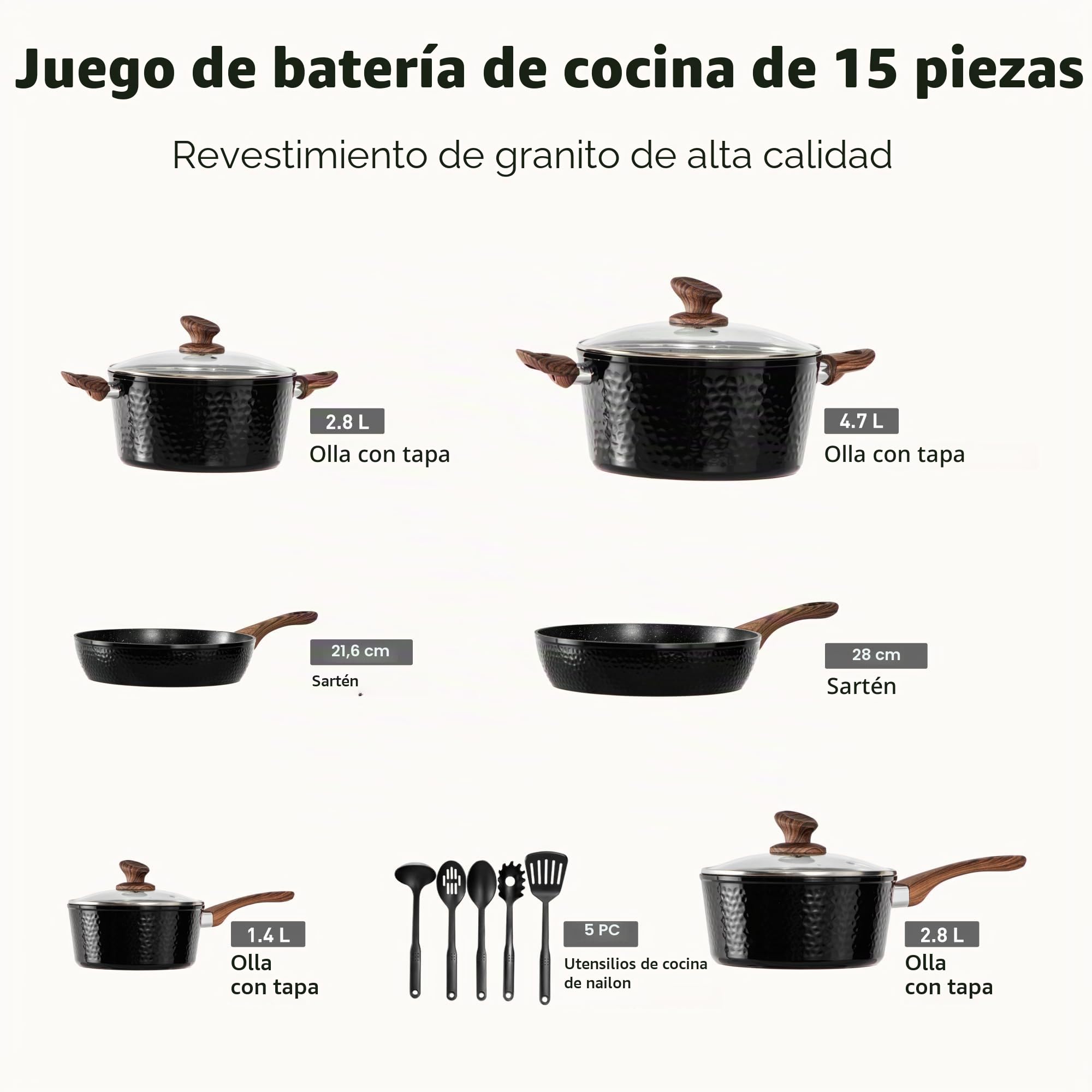 Kitchen Academy Juego de Ollas y Sartenes 15 Piezas con Tapa Negro | Juego de Cocina con Tapa, Ollas y Sartenes con Revestimiento Antiadherente para Inducción, Cocinas de Gas y Microondas