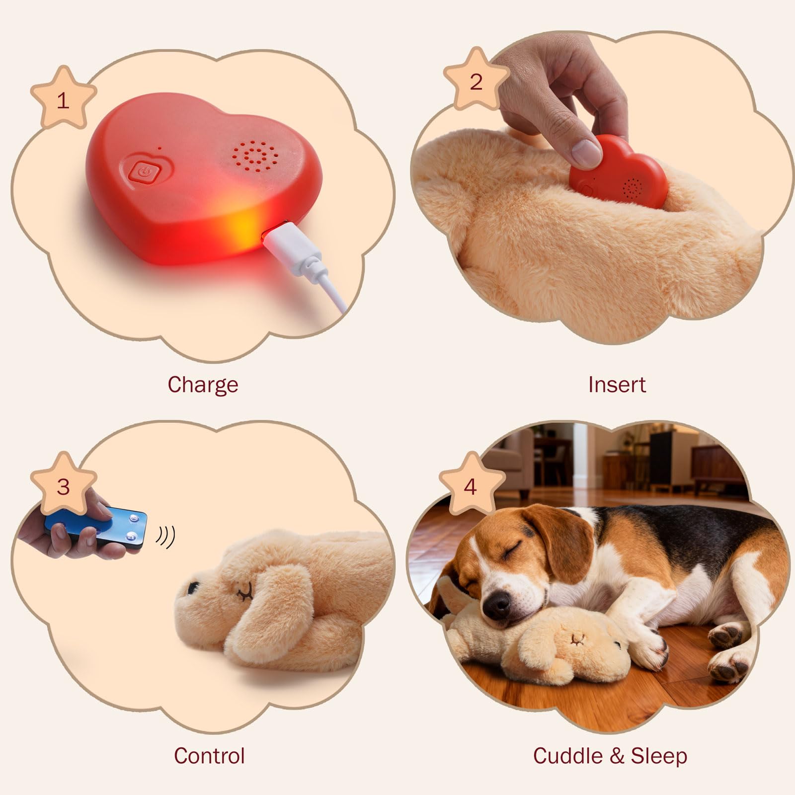 Fuzzwoof Ferngesteuertes Herzschlag-Hundespielzeug, 8-Sounds & Herzschlag-Simulation Plüschspielzeug für Welpen, Schlafhilfe & Angstlinderung, Kistentraining, wiederaufladbarer beruhigender Begleiter