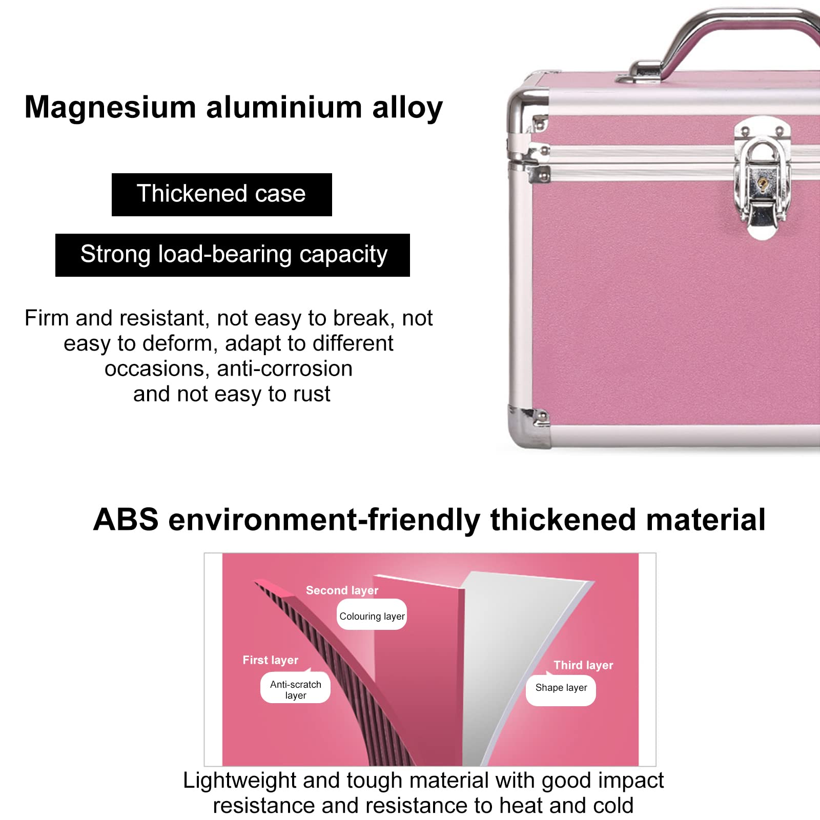 Scatola organizer per cosmetici con specchio, portatile, per trucchi, con serratura, professionale, per gioielli, pennelli e prodotti per la cura della pelle, da viaggio, rosa, Portatile professionale