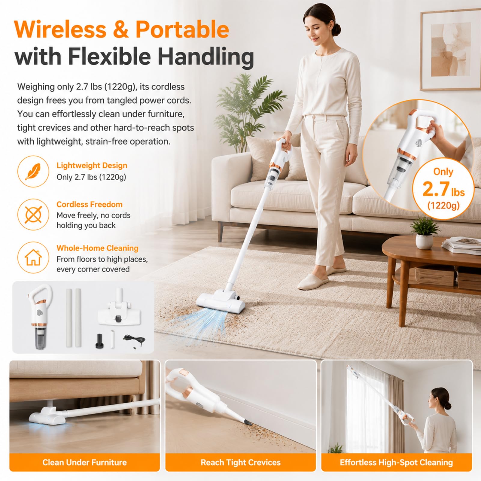 Aspirateur Balai sans Fil, 2 en 1 de la Main Rechargeable silencieuse Aspirateur, Aspirateur Sec Humide sans Fil, avec Pinceau au Sol pour Tapis, Sols Durs, Poils d'animaux, Bleu