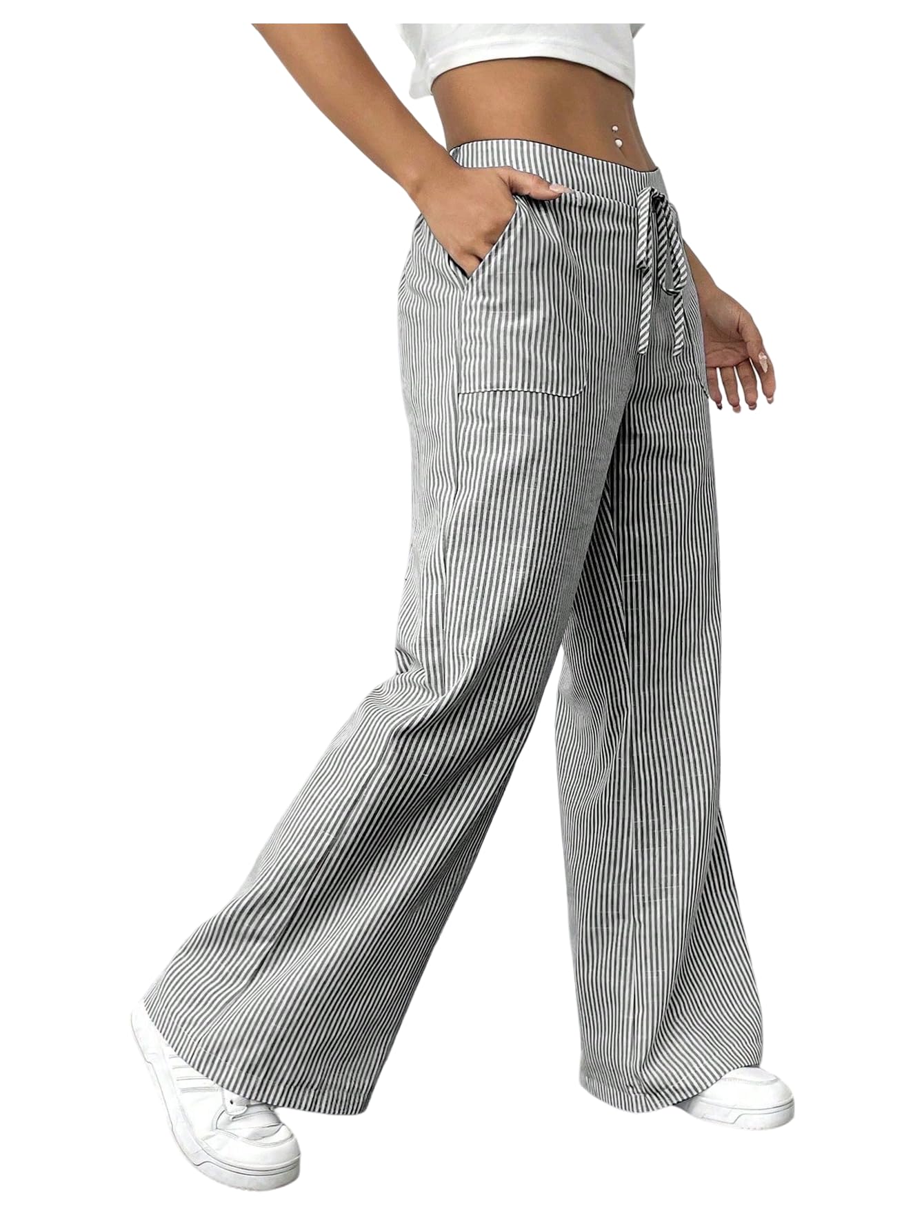 Womens Wide Leg Striped Pants Drawstring Low Waisted Casual Loose Trousers with Pocket