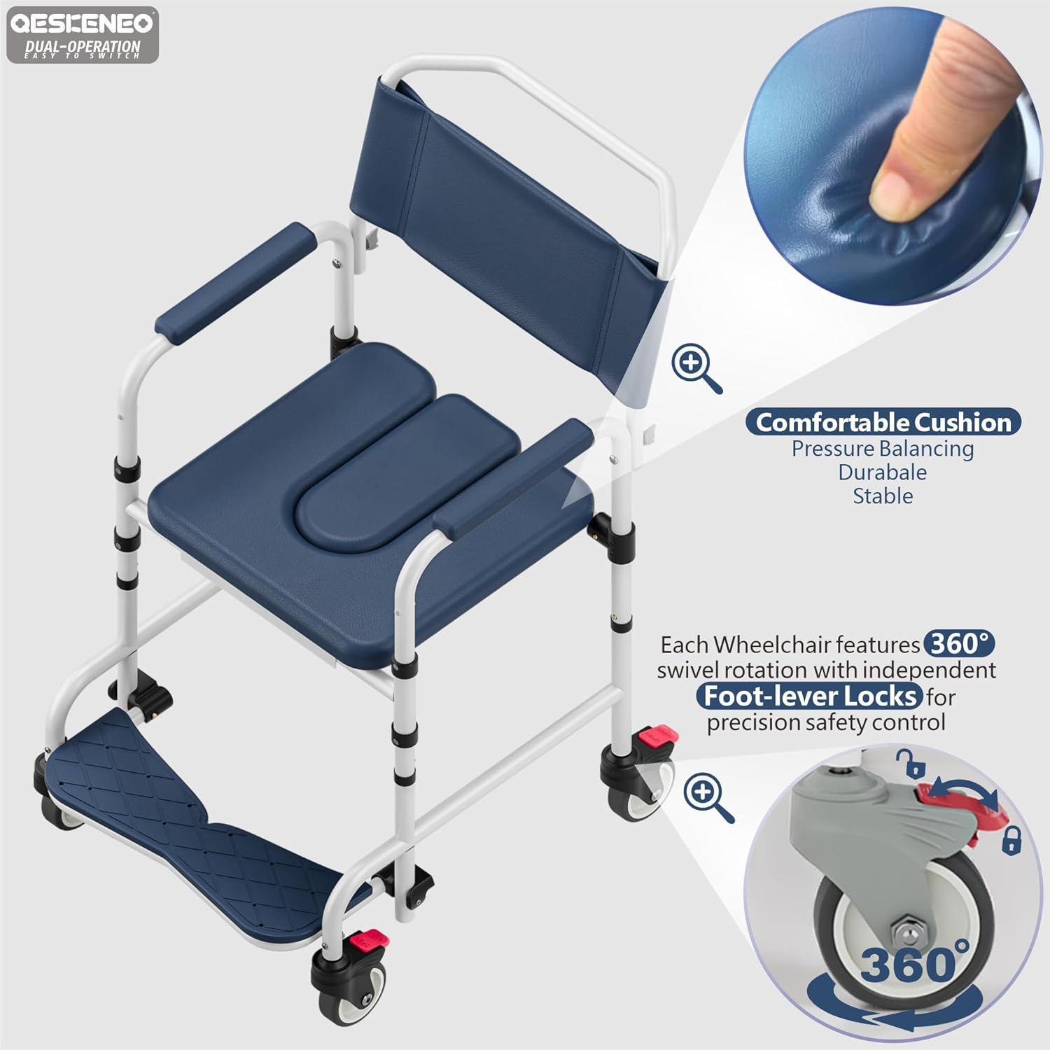 Shower Chair with Wheels, Two Modes Bedside Commode with Wheels, Aluminum Shower Wheelchair with Footrest, Portable Toilet with Bucket for Elderly and Disabled, 300 LBS Weight Capacity