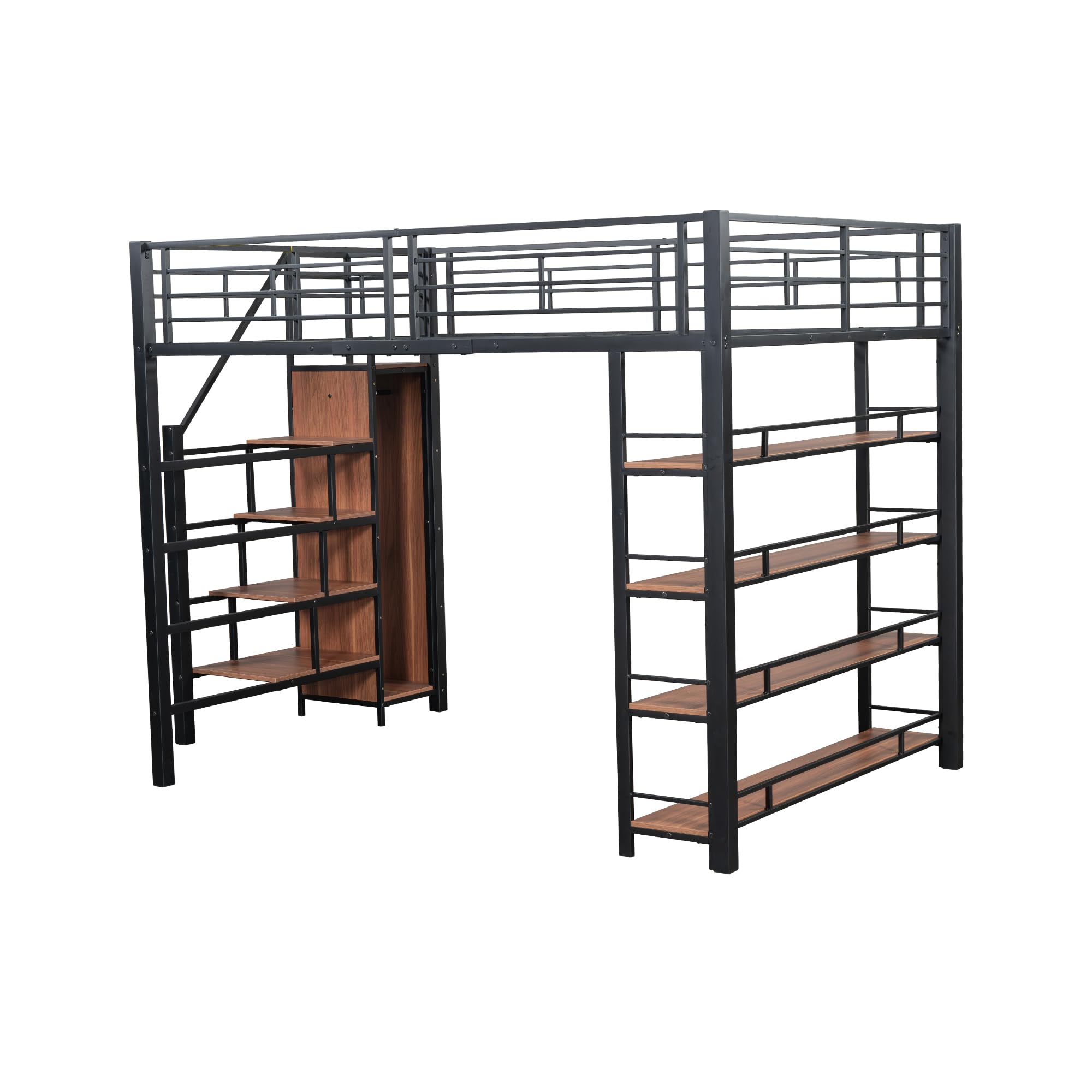 Ampio letto a soppalco 140 x 200 cm, colore nero, con scala di sicurezza, spazio di archiviazione e armadio. Letto multifunzione per ragazzi in metallo, portata fino a 120 kg