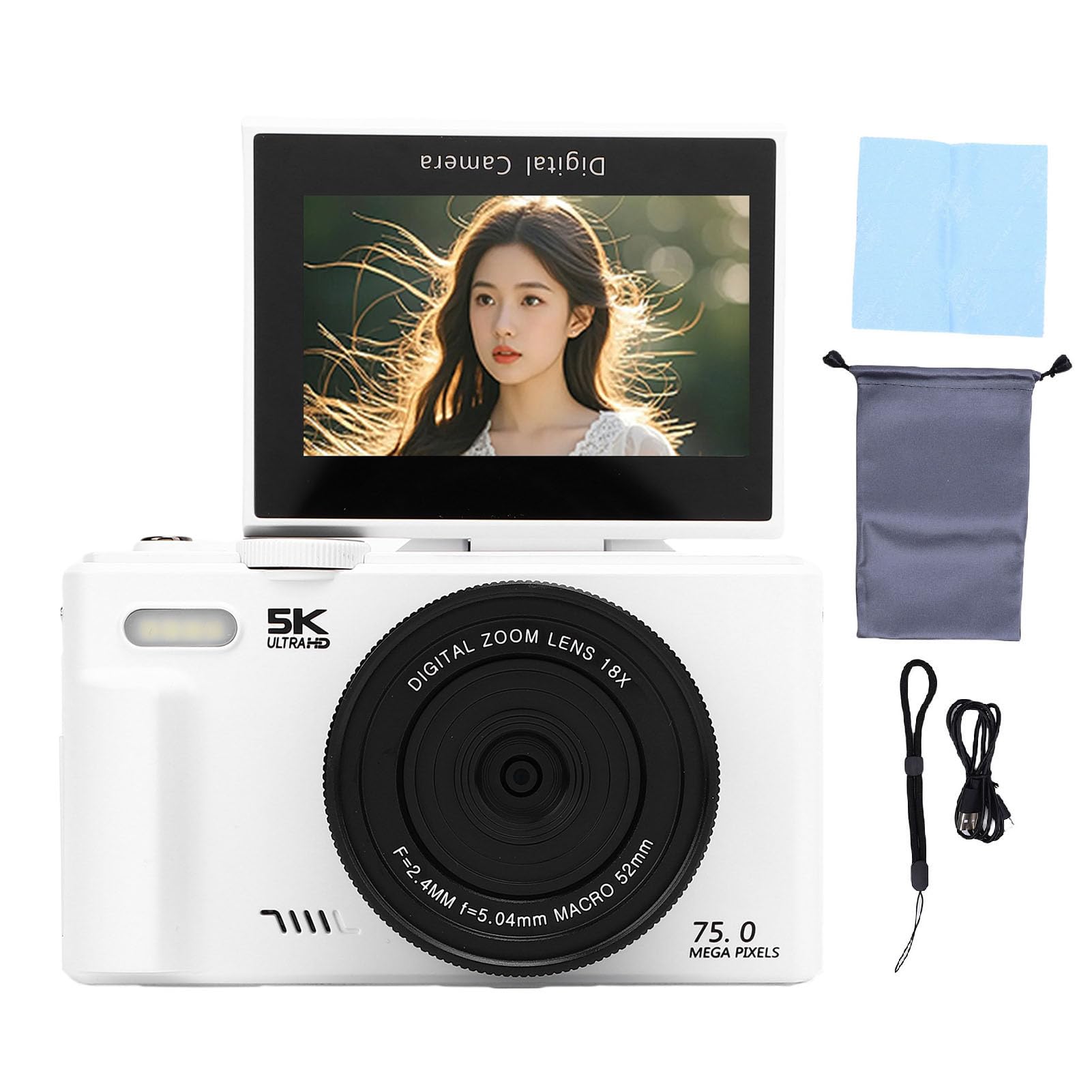 Tbest 5K 75MP Aparat Cyfrowy Ultra HD 18x Zoom Wi -Fi z lampą błyskową do Samochodów Internetowych Travel Vlogging (64GB)