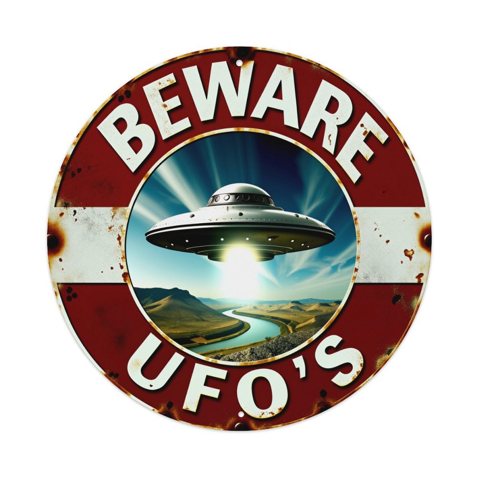 Beware Ufos Sign With Flying Saucer And Desert Landscape Round Vintage Tin Sign,Retro Wall Art,Metal Poster for Home, Bar, Garage, Cafe, Rustic Indoor & Outdoor Decor, 8x8 Inches