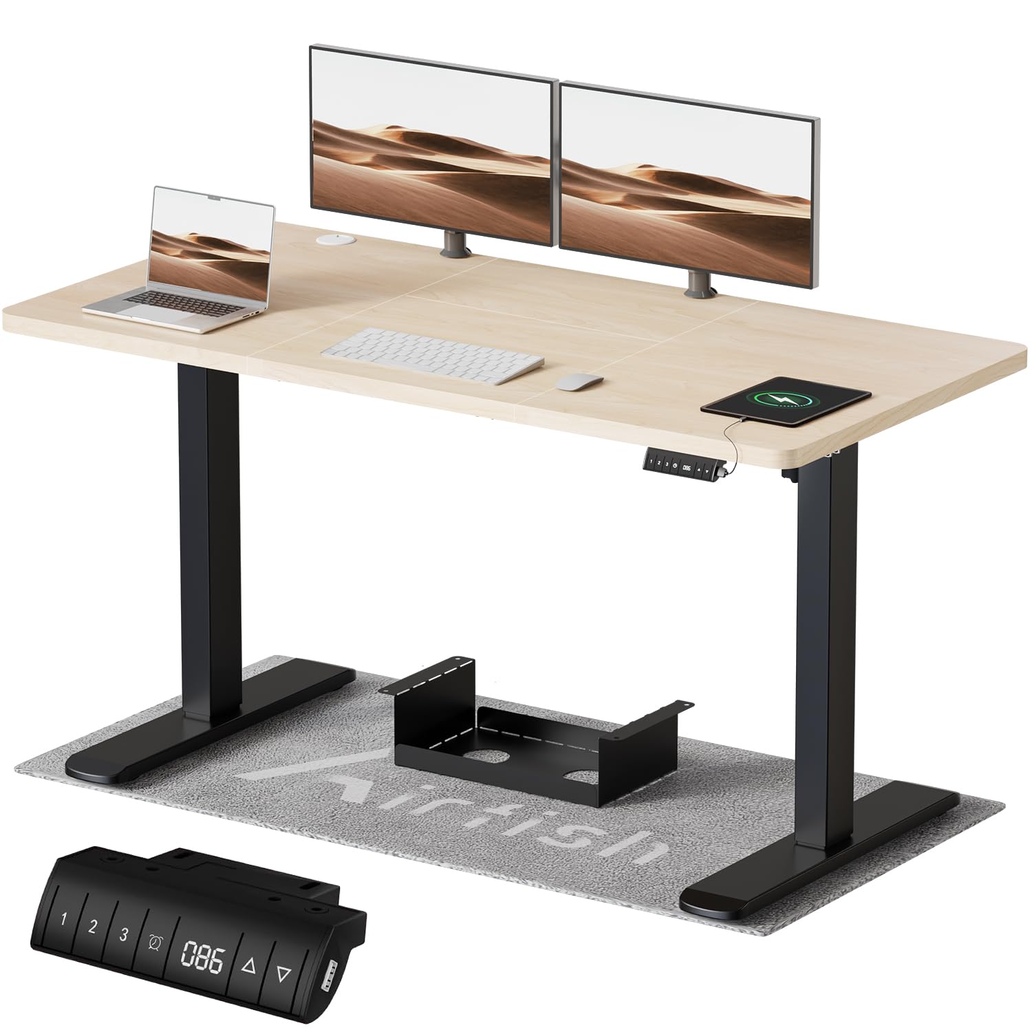 Airfish Höhenverstellbarer Schreibtisch mit USB-Buchse, Elektrisch Schreibtisch mit Kabelwanne, Computertisch, Bürotisch, Stehpult mit Erinnerung an sitzende Tätigkeiten
