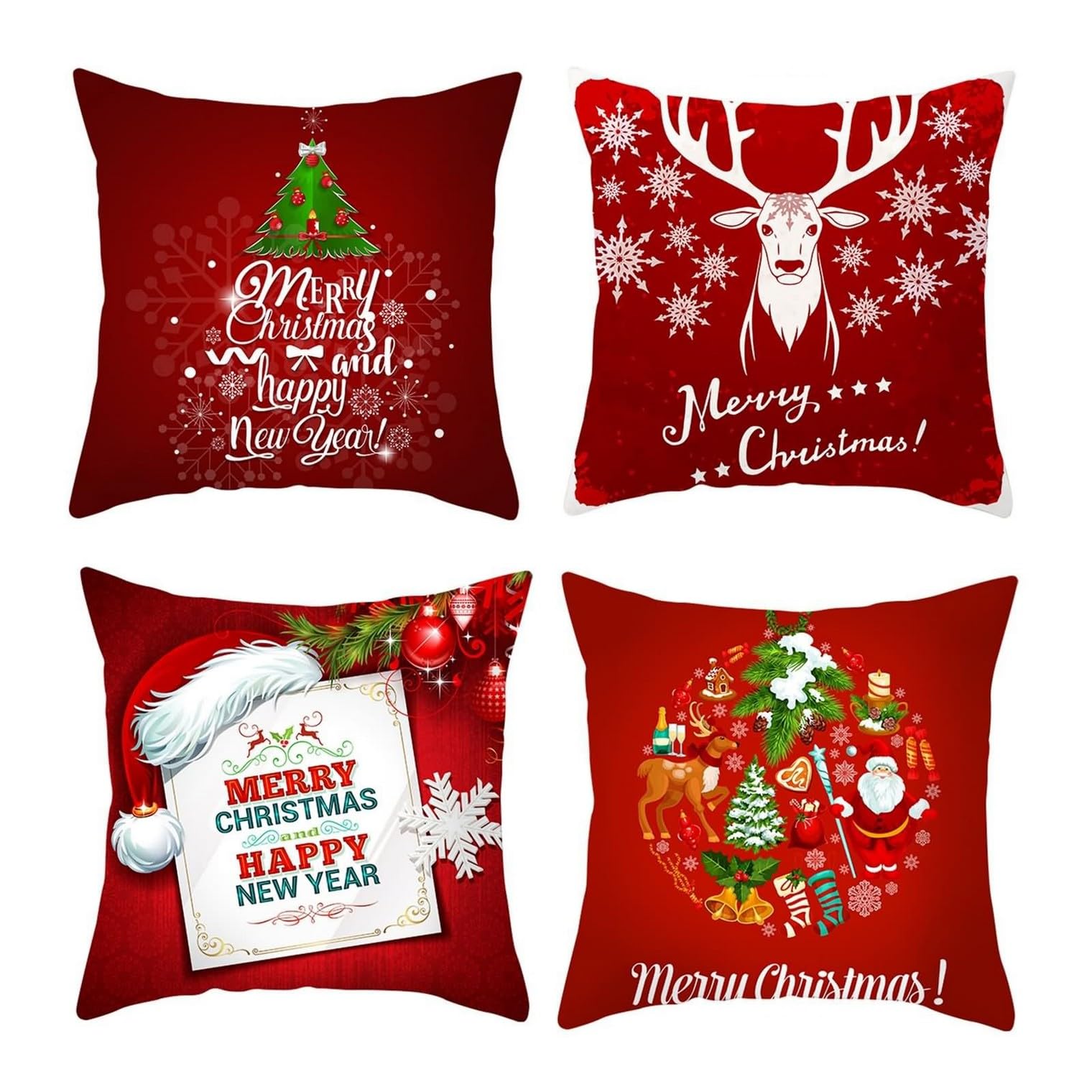 Housse de coussin Noël motif cerf et sapin lot de 4 taies matelassées pour l'ambiance des fêtes
