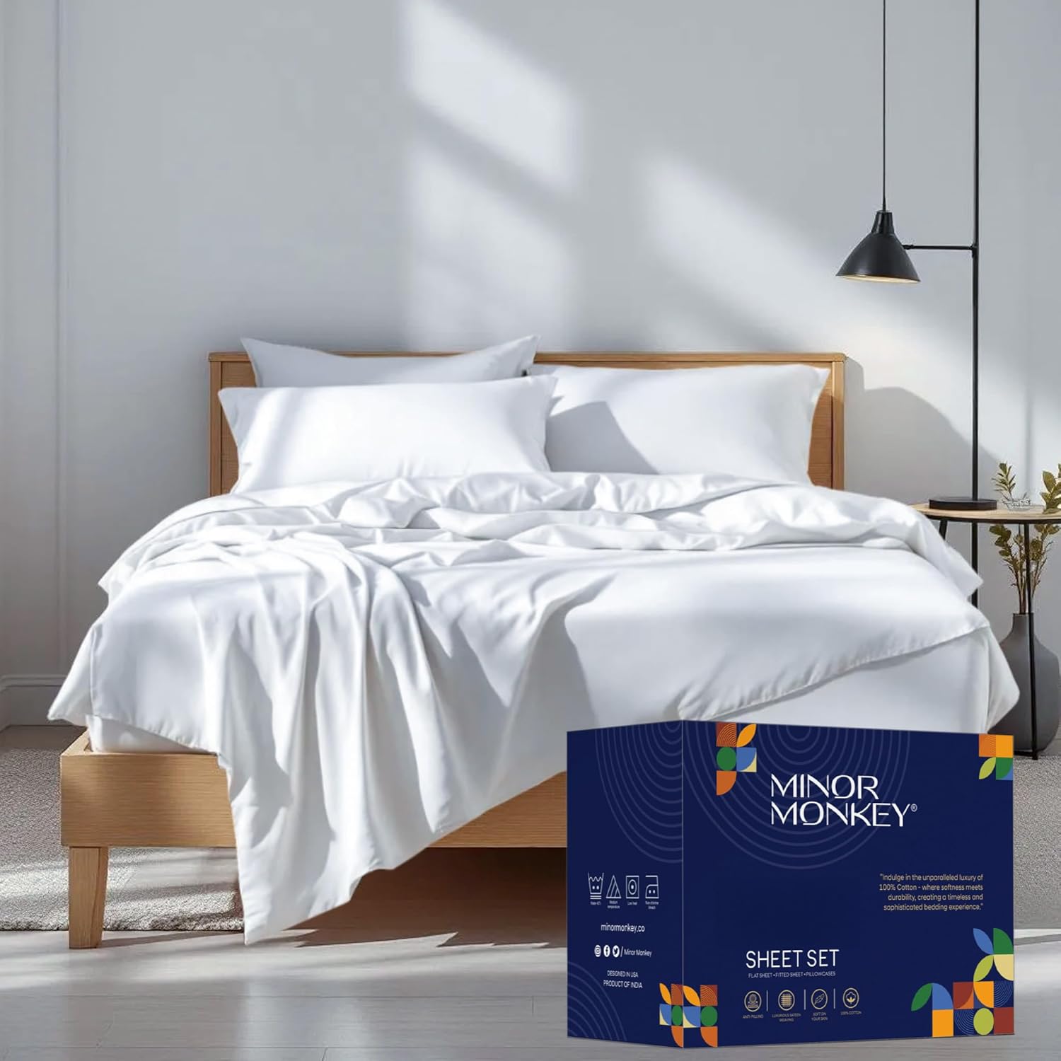 100% Egyptian Cotton King Size Sheets - 4 Piece Bedsheet Set Soft Breathable & Cooling Sheets for King Size Bed - Elasticized 16" Deep Pocket Sheet Set (White)