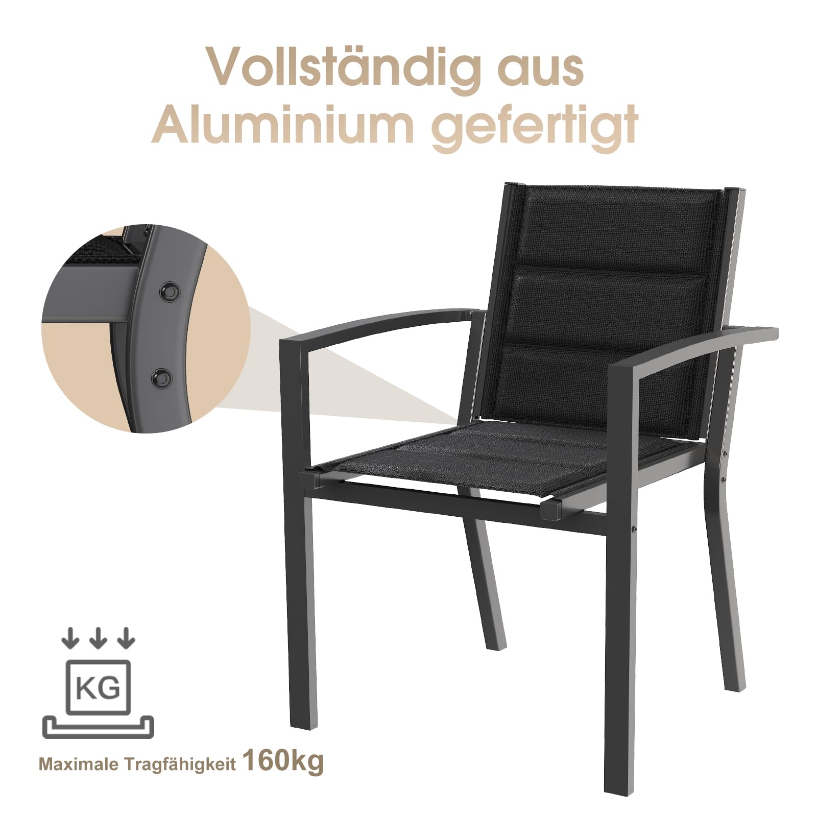 Devoko Gartenstuhl Set 4, stapelbarer Aluminium-Esszimmerstuhl, max. Belastung 160 kg, Balkonstuhl, für Garten, Pool, Terrasse, Esszimmer, Gartenmöbel, Dunkelgrau