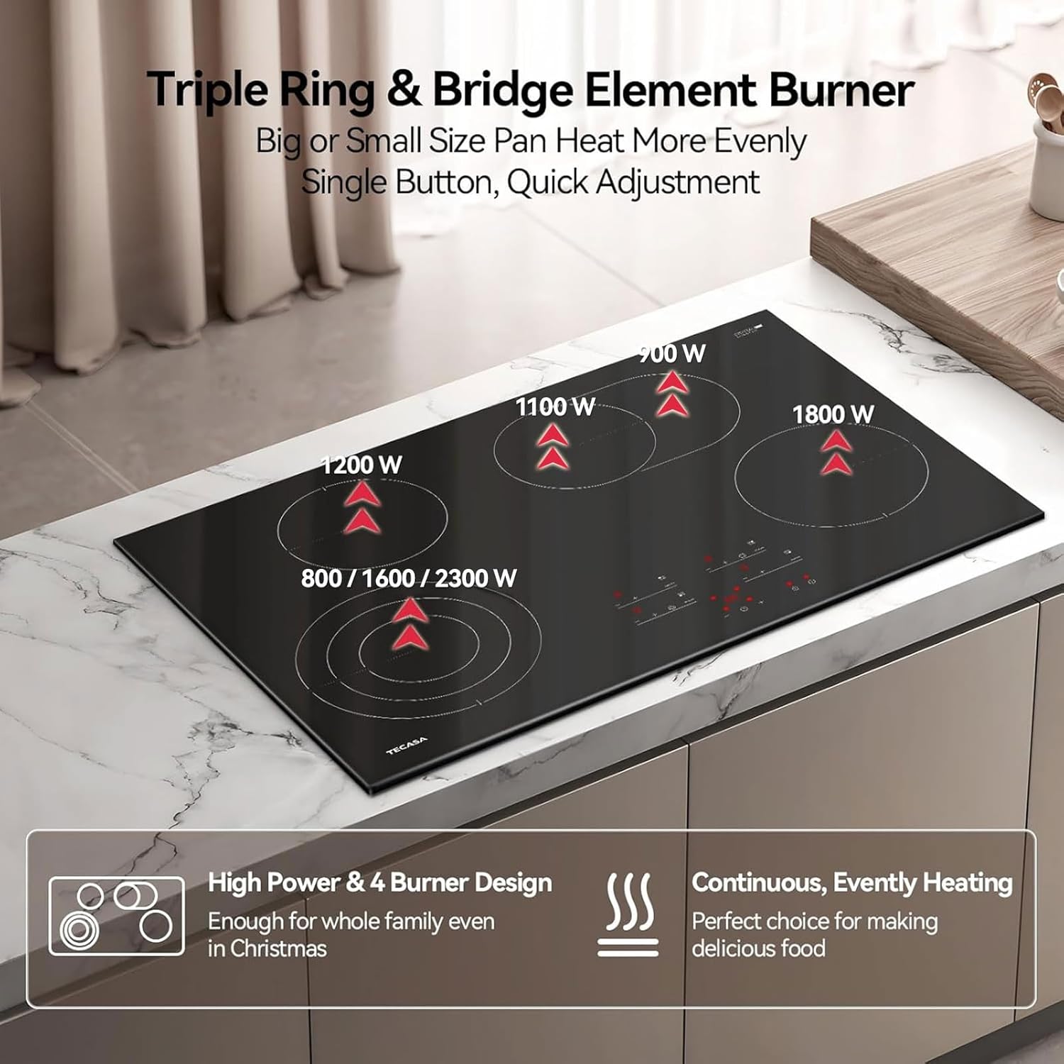 Close-up of the TECASA cooktop showing the triple ring and bridge element burner configurations.