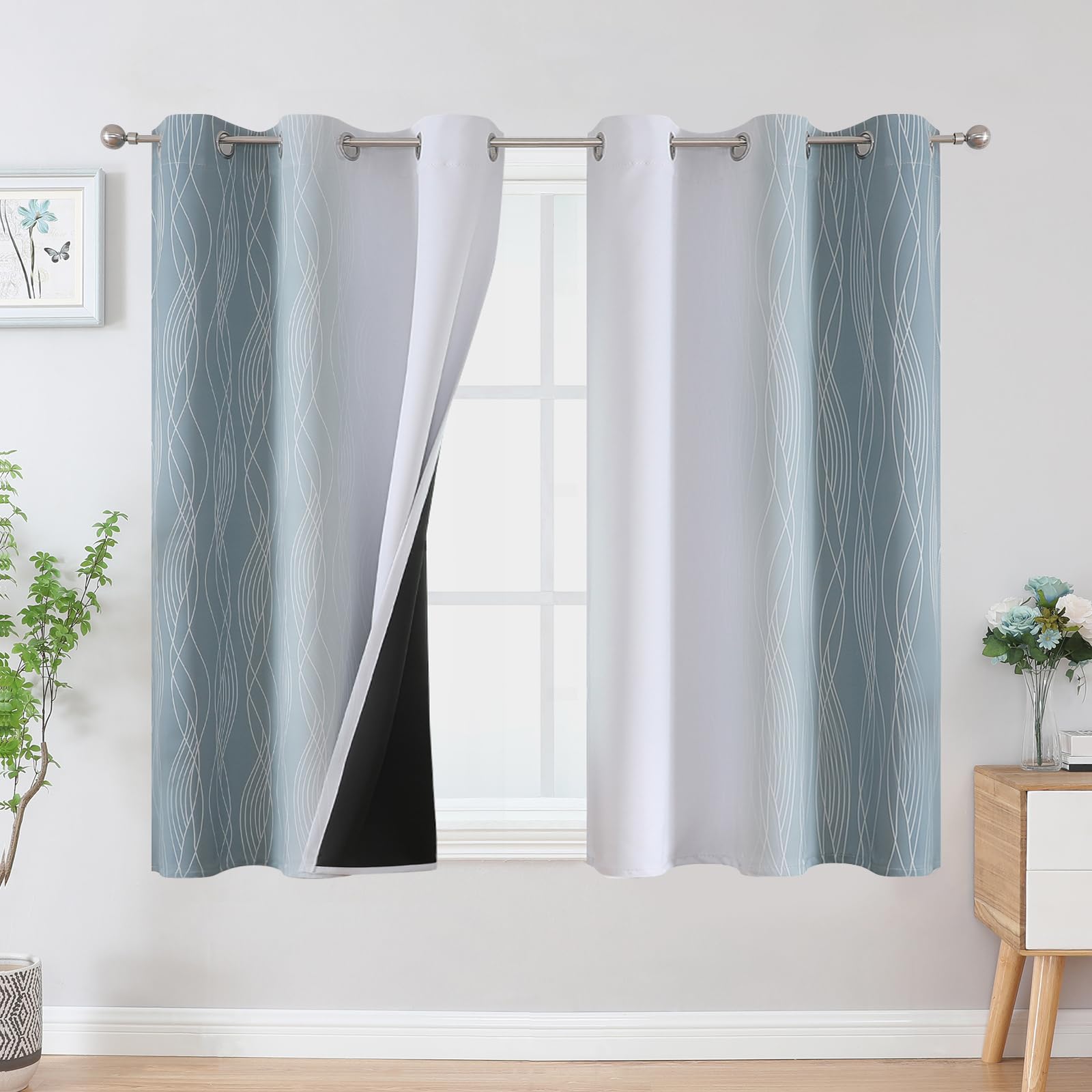 Estelar Textiler Stone Blue and Greyish White Ombre Blackout Curtains 45 Inch Length 2 Panels, Full Room Darkening Drapes for Bedroom, Thermal Insulated Grommet Short Curtains for Bathroom,42Wx45L