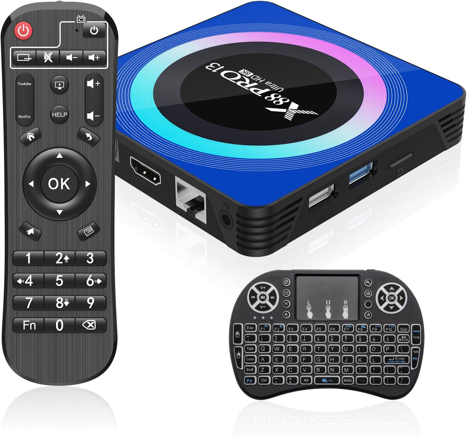 Android 13.0 TV Box, 6K 8K Android Box with 4GB RAM 32GB ROM RK3528 Quad-Core Support WiFi6 2.4Ghz/5.0Ghz HDR10 BT 5.0 H.265 USB 2.0 3.0 3D Ethernet with Mini Backlit Keyboard