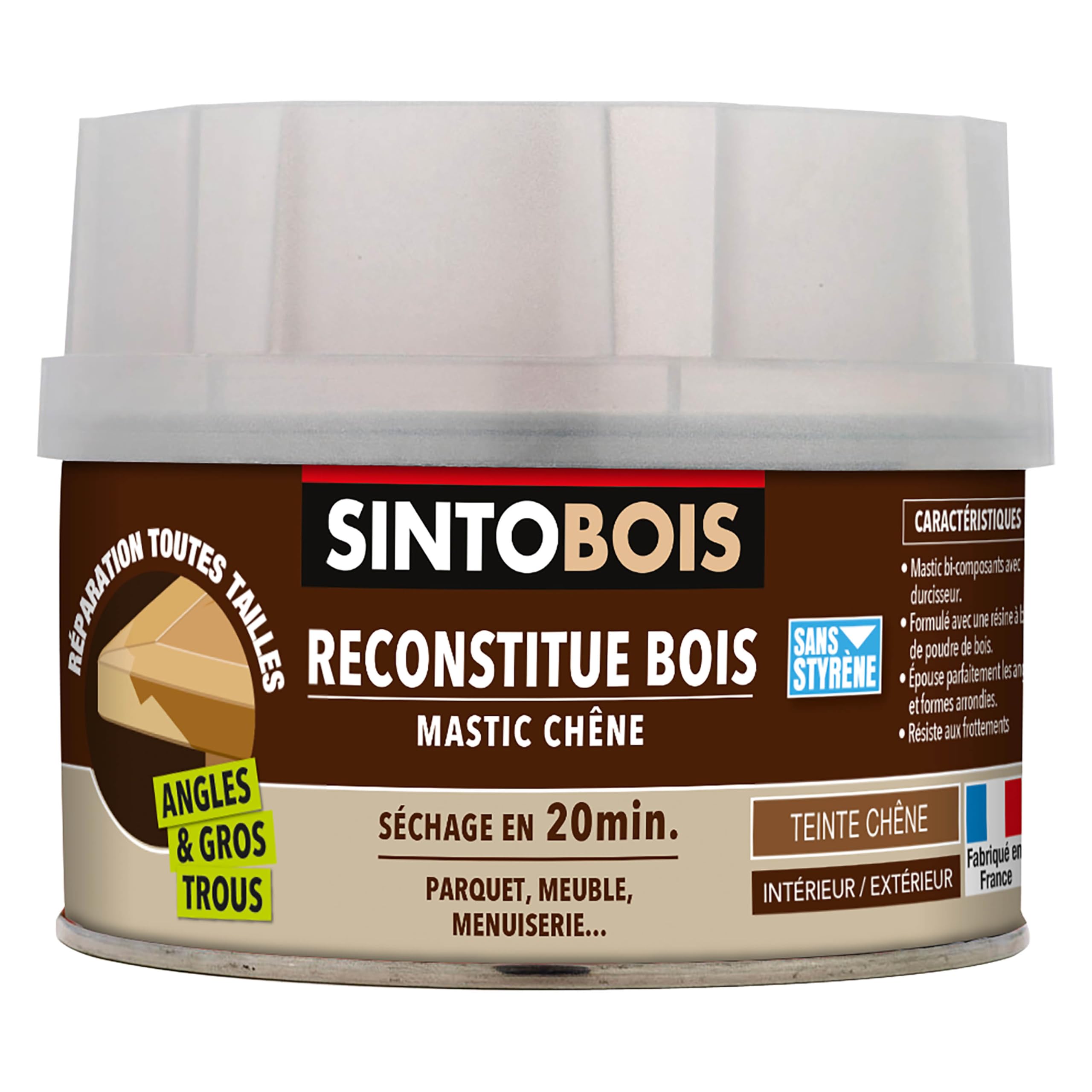SINTO Mastic reconstitue angles et gros trous chêne 500ml, mastic bi-composant séchage en 20 min, parquets meubles menuiseries, bonne adhérence et résistance sur bois, intérieur et extérieur