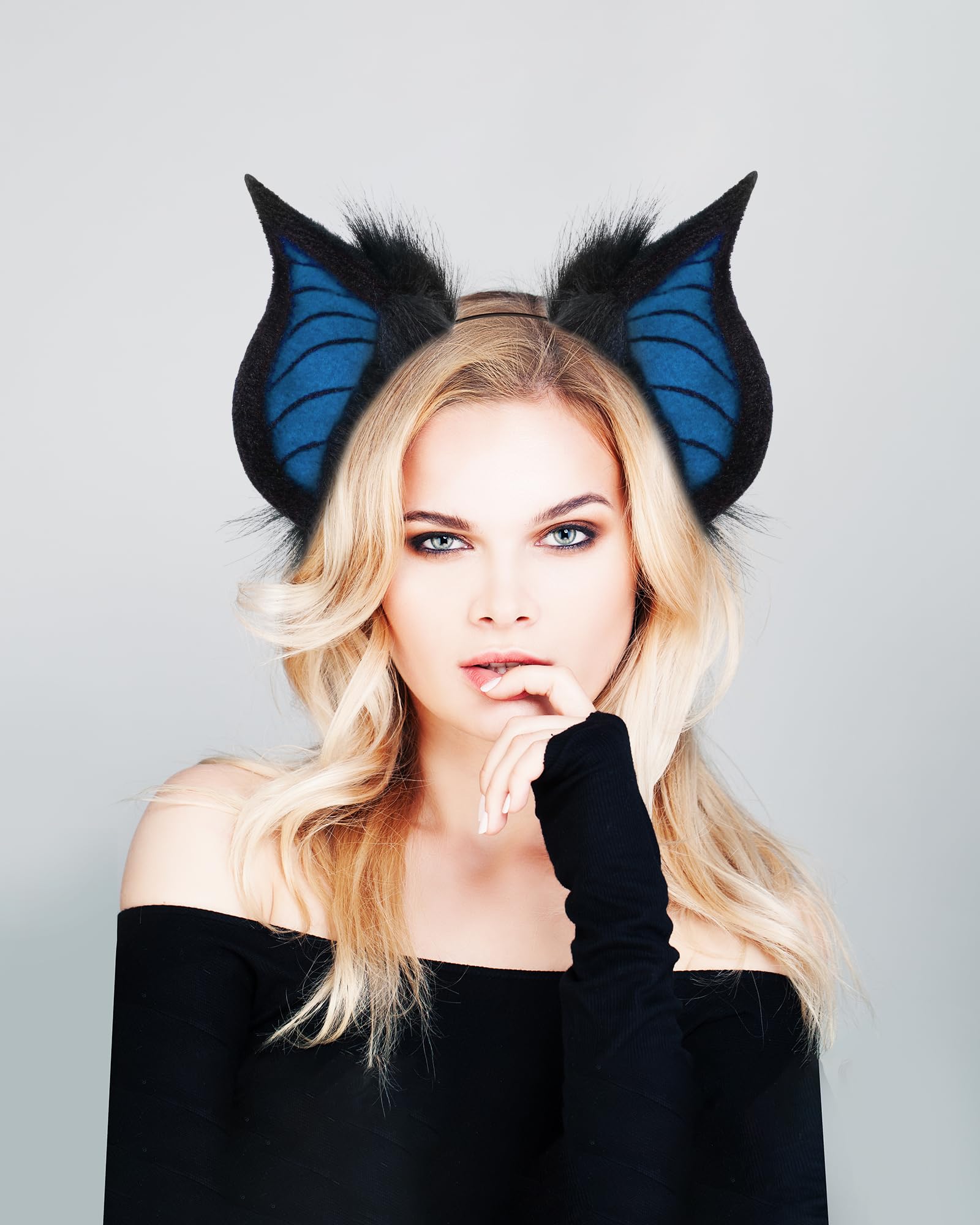 BNLIDES Handmade Bat Beast Ears Headband Adult Cosplay Costume Accessories for Halloween, Anime Con, Stage Performance: Black Blue