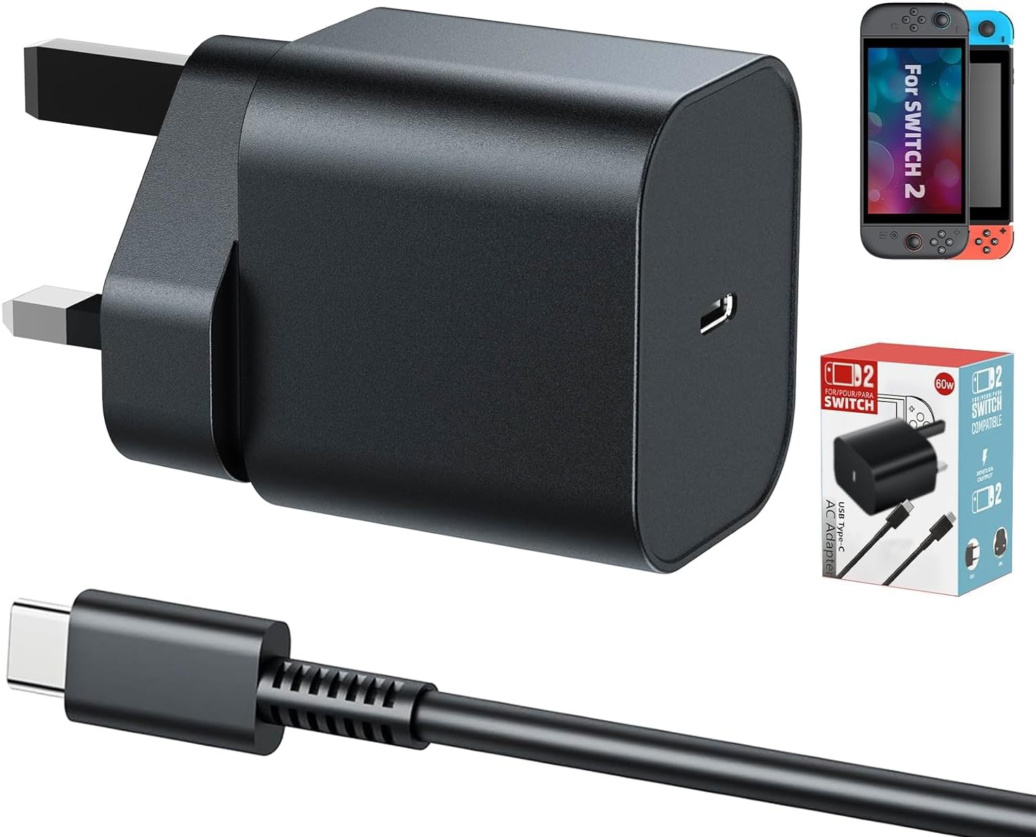 – Charger for Switch 2, AC Adapter 60W Fast Charging for Switch 2&1 with 5FT USB C Cable - Compatible with Switch Lite, OLED, Steam Deck - Support TV Mode