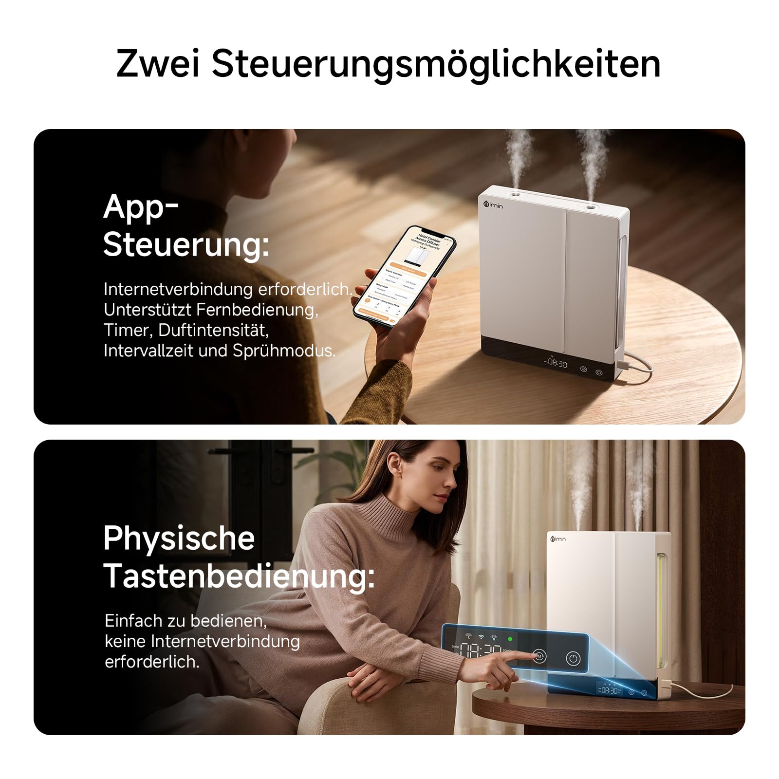 Smart WLAN Aroma Diffuser mit App – ätherische Öle Diffusor, Aromatherapie-Duftöldiffusor, Ultraschallvernebler, Air Diffuser, 2x230ml Doppelkammer-Doppeldüse, Wand/Tisch, Zuhause/Büro/Hotel
