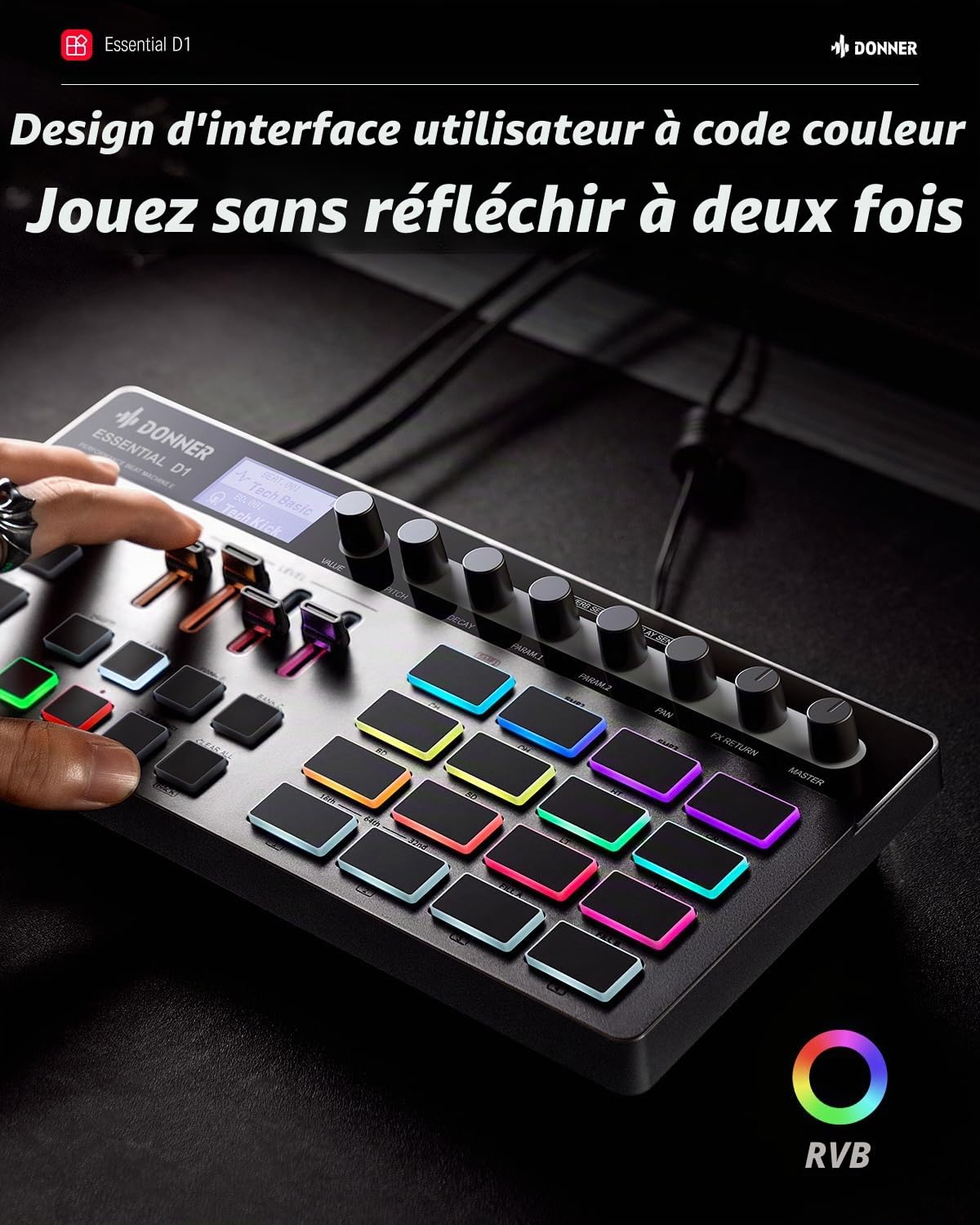 Donner Essential D1 Finger Drum Box et Step Sequence combo, Boast Color Code UI, 12 échantillons de pistes, 16 tableaux de battements RGB, 64 modes de battements prédéfinis, 5 encodeurs sans fin